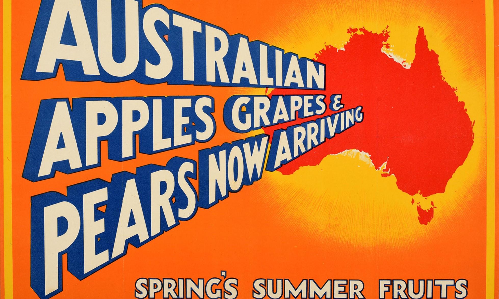Australian Original Vintage Fruit Poster Australia Apples Grapes Pears British Empire Trade For Sale
