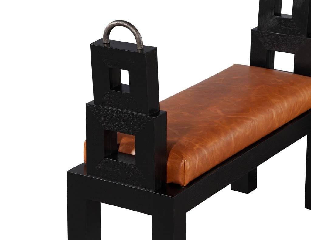 Mid-Century Modern Original Vintage Fumed Oak Distressed Saddle Leather Benches For Sale
