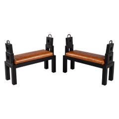 Bancs d'origine vintage en chêne fumé et cuir de selle vieilli