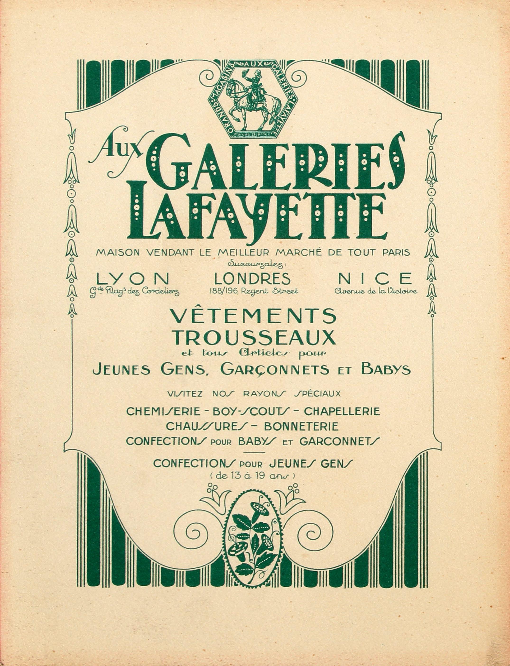 Original vintage double-sided children's fashion clothing advertising poster for Galeries Lafayette (founded 1912): The department store selling the best products in all Paris - Chamber Music / Aux Galeries Lafayette - Maison vendant le meilleur