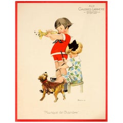 Original Antique Galeries Lafayette Poster - Chamber Music - Ft Children and Dog