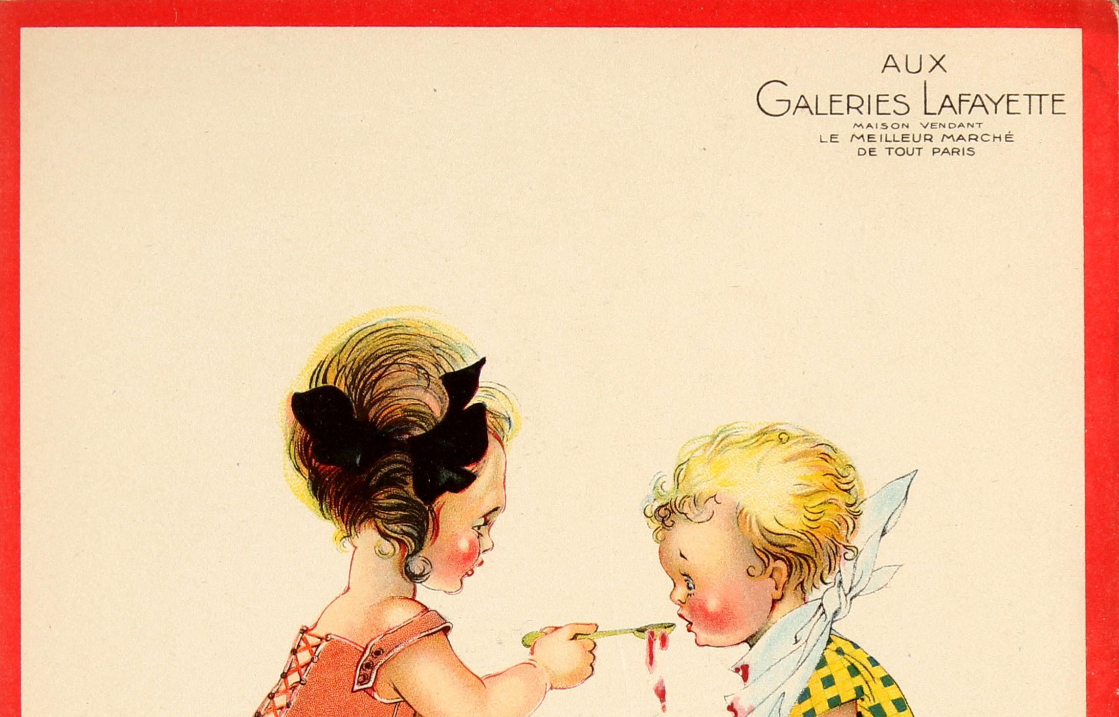 French Original Vintage Galeries Lafayette Poster Spoon Feeding Ft Children & Baby Doll