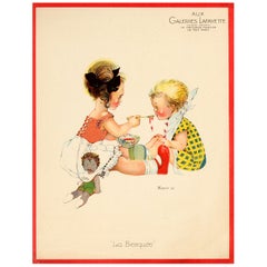 Poster original vintage Galeries Lafayette Alimentation à la cuillère mettant en vedette des enfants et une poupée