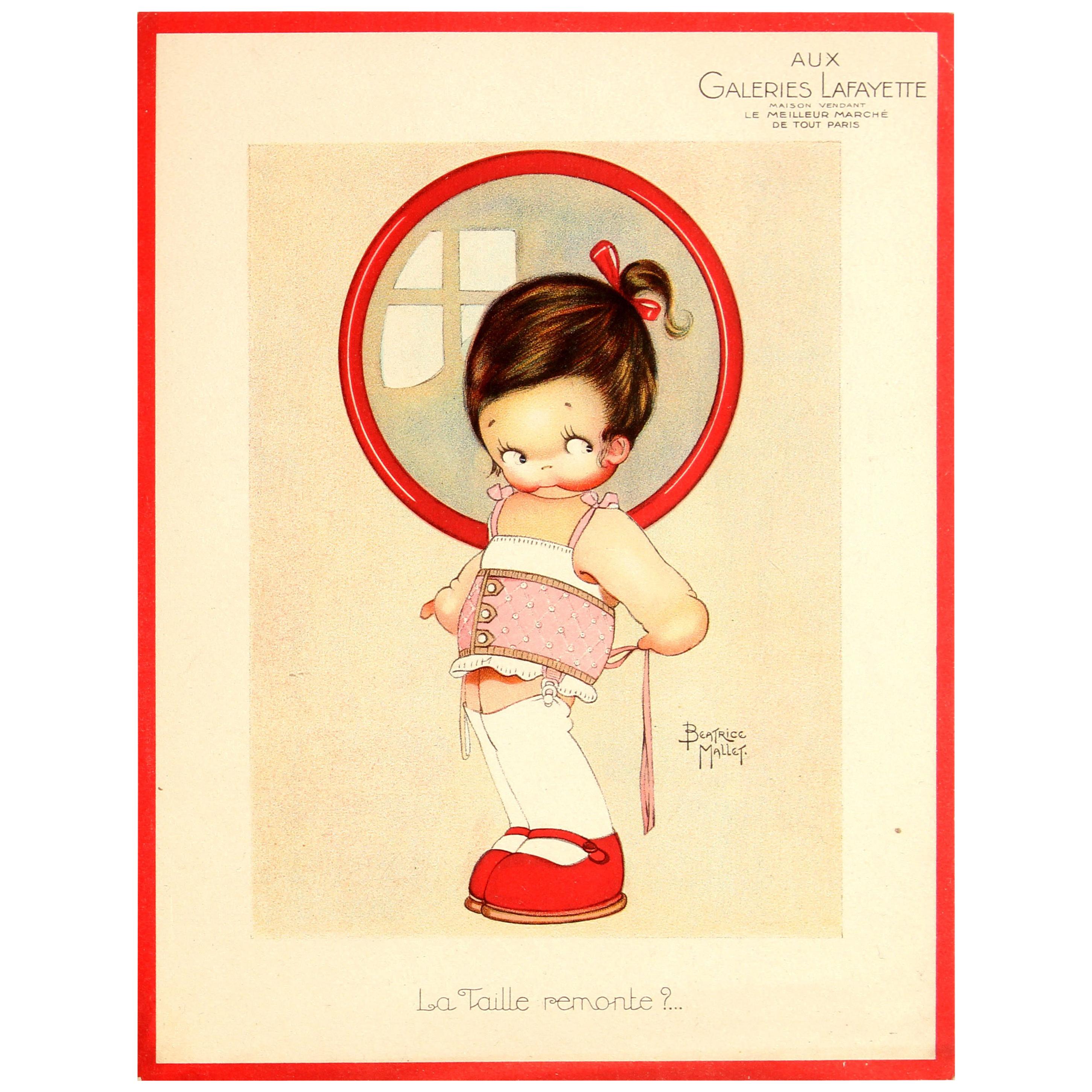 Original Vintage Galeries Lafayette Poster The Size Goes Up? Ft. Girl And Corset
