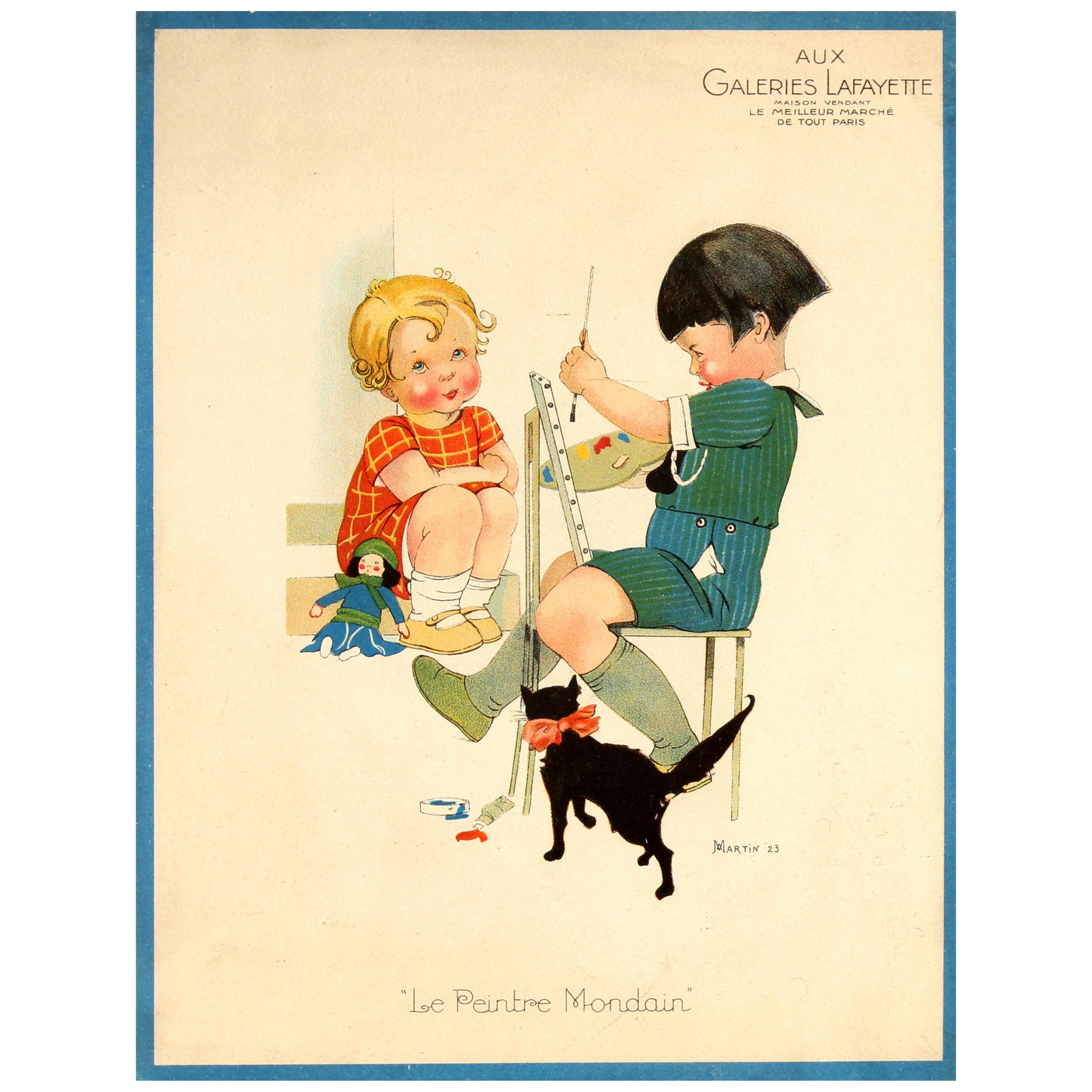 Original Vintage Galeries Lafayette Poster The Worldly Painter Ft Children & Cat