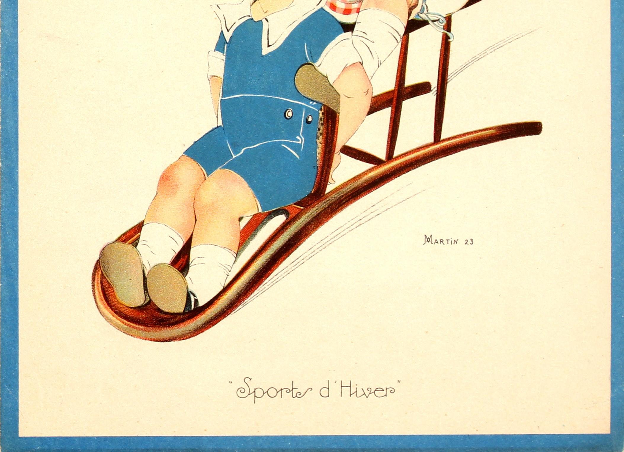 French Original Vintage Galeries Lafayette Poster Winter Sports - Children Chair Sledge