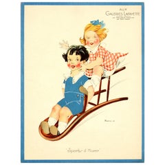 Original Vintage Galeries Lafayette Poster Winter Sports - Children Chair Sledge