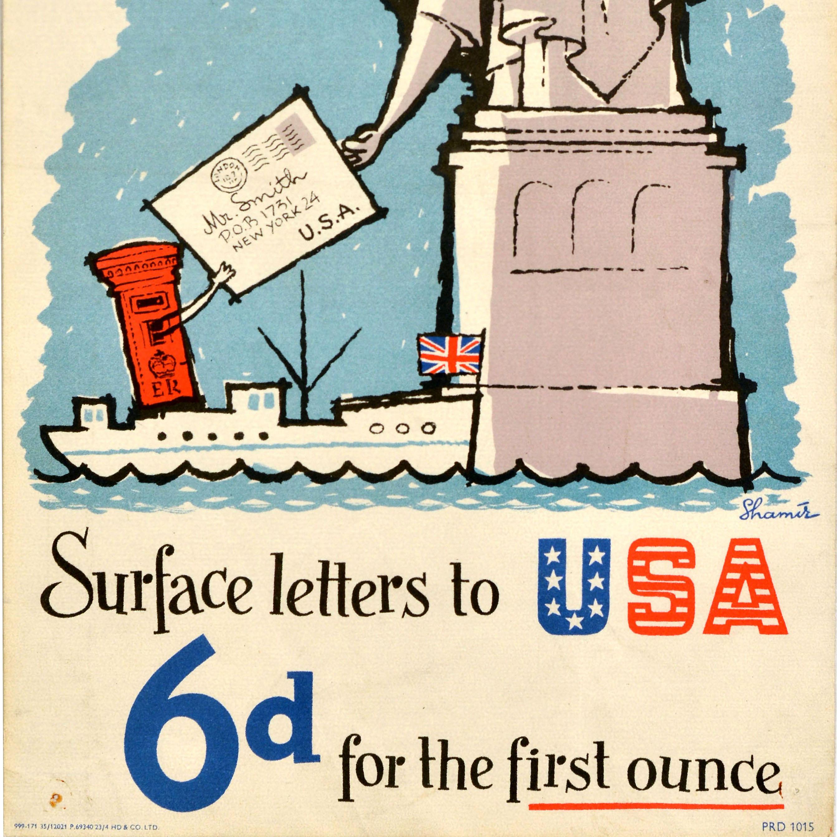 Poster pubblicitario GPO ( General Post Office ) originale d'epoca Lettere di superficie USA In condizioni discrete in vendita a London, GB