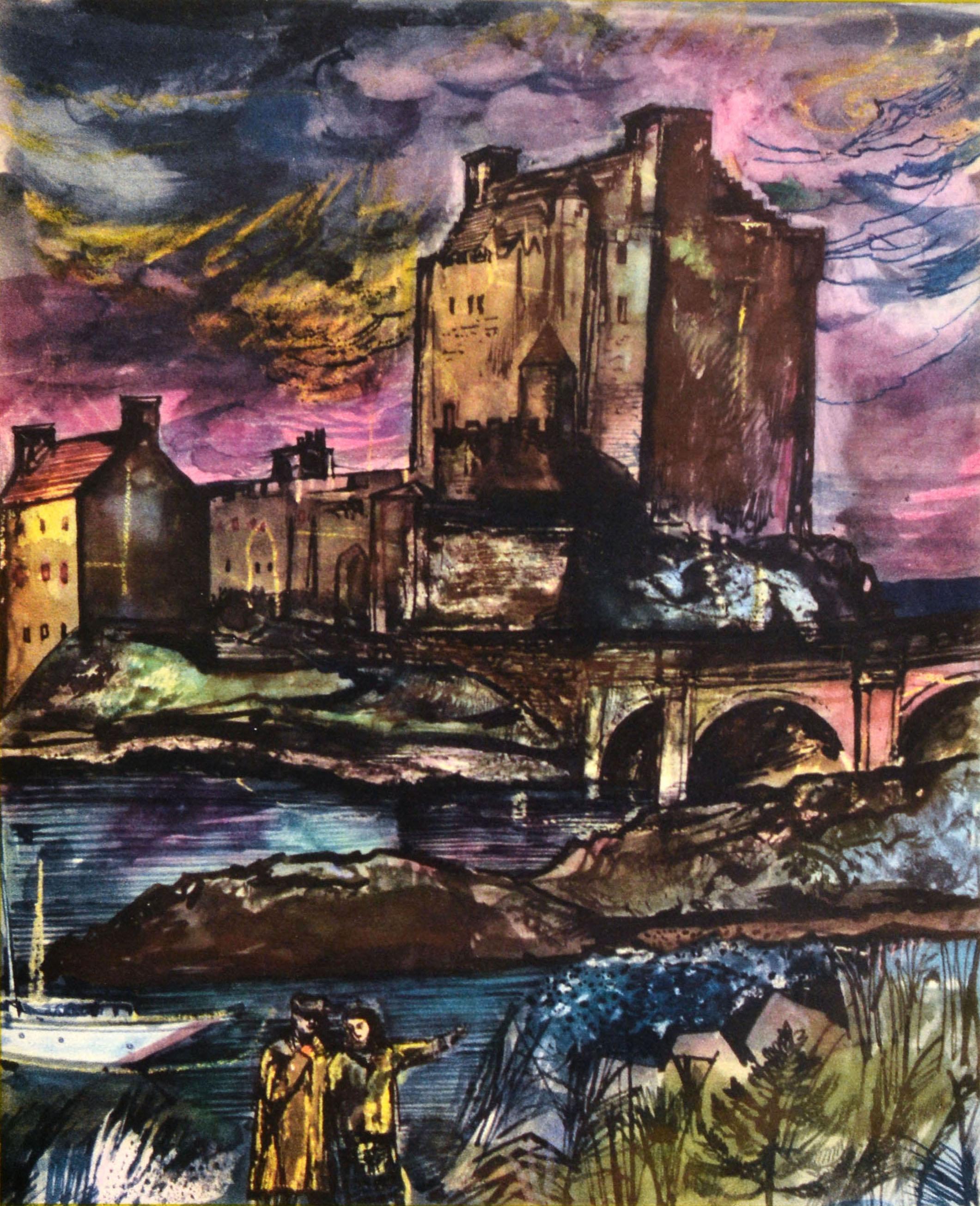 Poster pubblicitario GPO ( General Post Office ) originale d'epoca - Questo è il Castello di Eilean Donan Indirizzo corretto: Dornie, Kyle, Ross-shire Please use your correct address - con un dipinto del pittore, illustratore, scenografo e