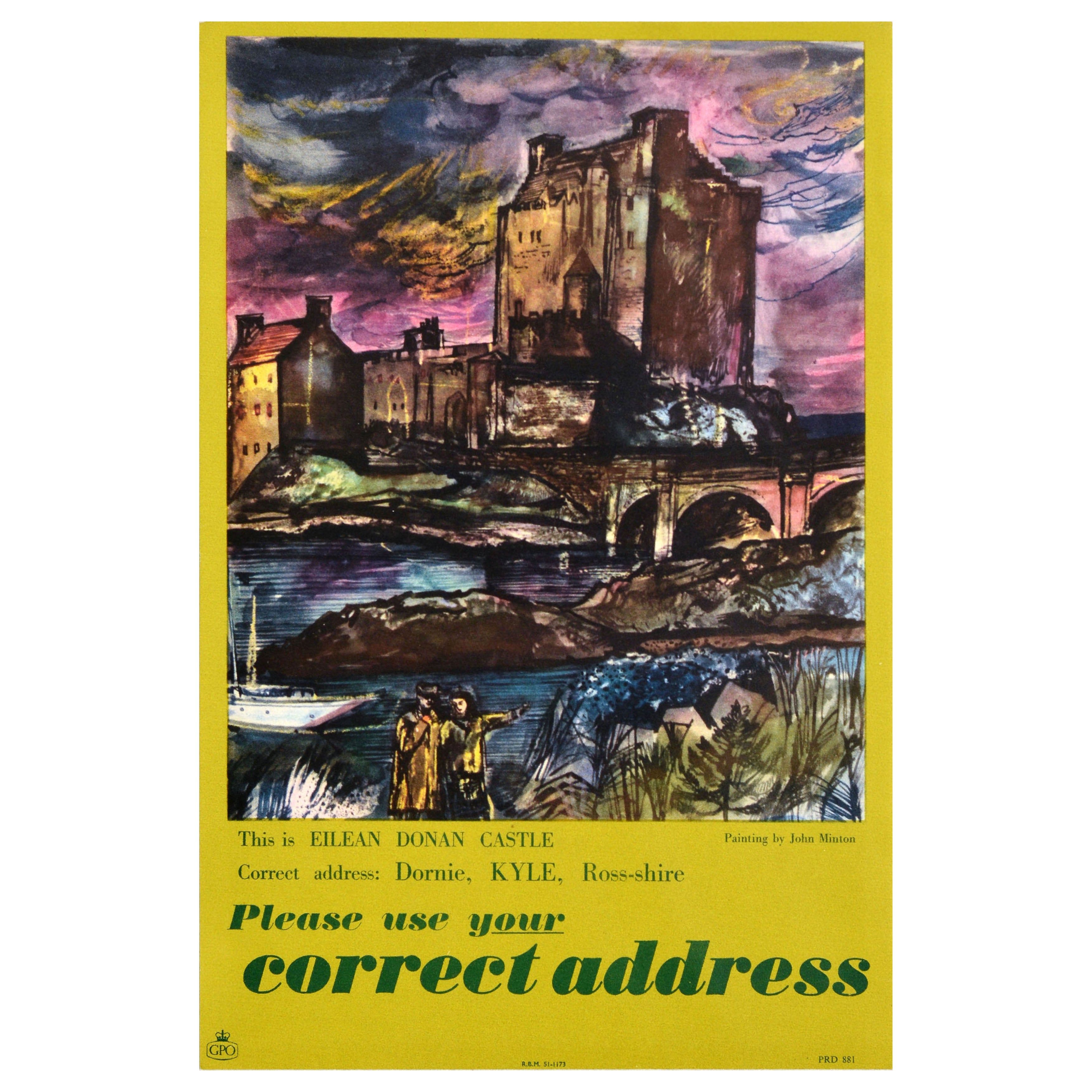 Poster originale d'epoca del General Post Office GPO ( General Post Office ) Castello di Eilean Donan Scozia in vendita