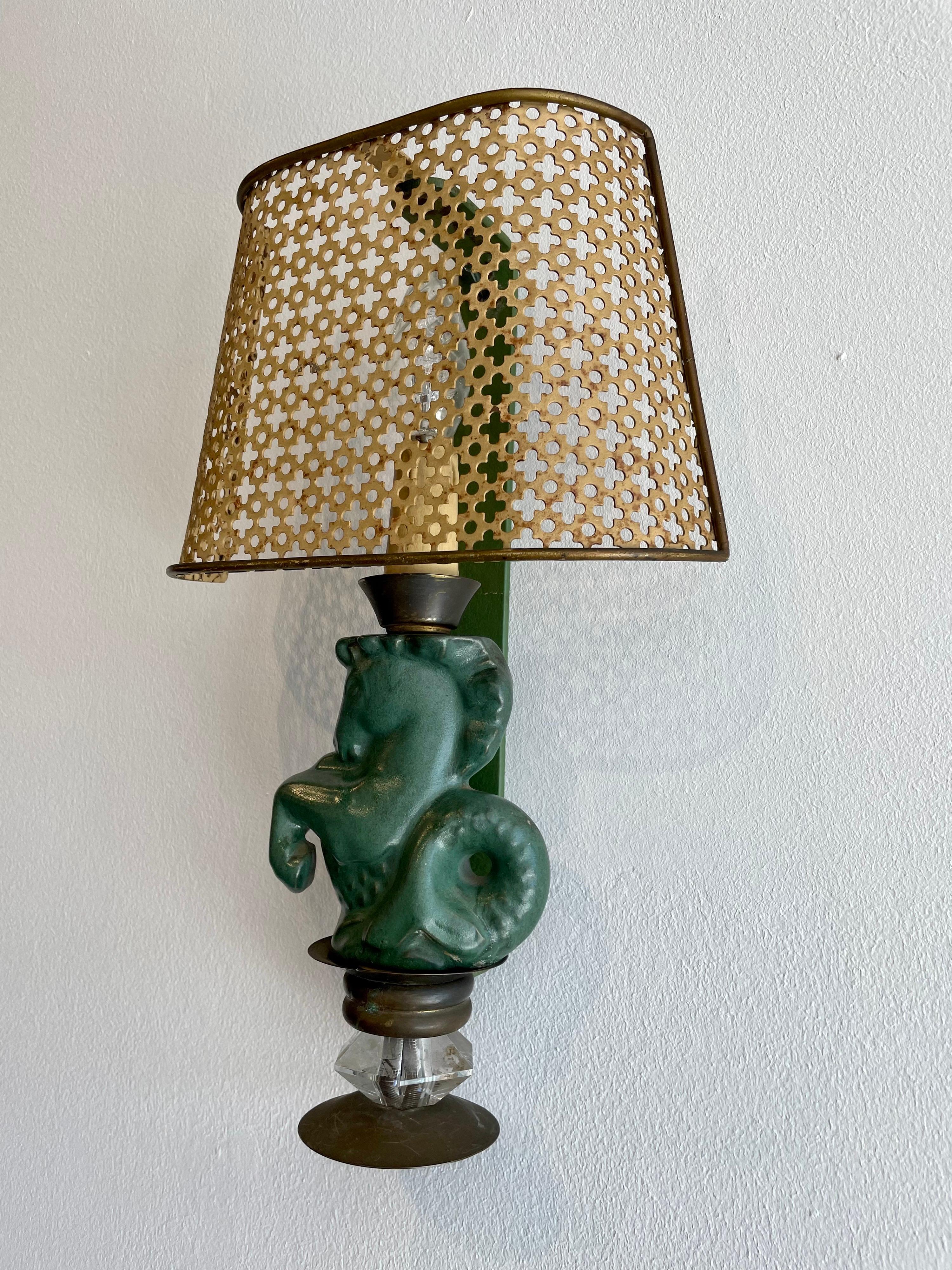 Collaboration of Maison Asselbur and famed ceramic artist, Georges Jouve (1910-1964) with Mathieu Mategot mesh shade. This French modernist wall sconce made in the 1950's is the result of George Jouve collaboration with Asselbur including a Mategot