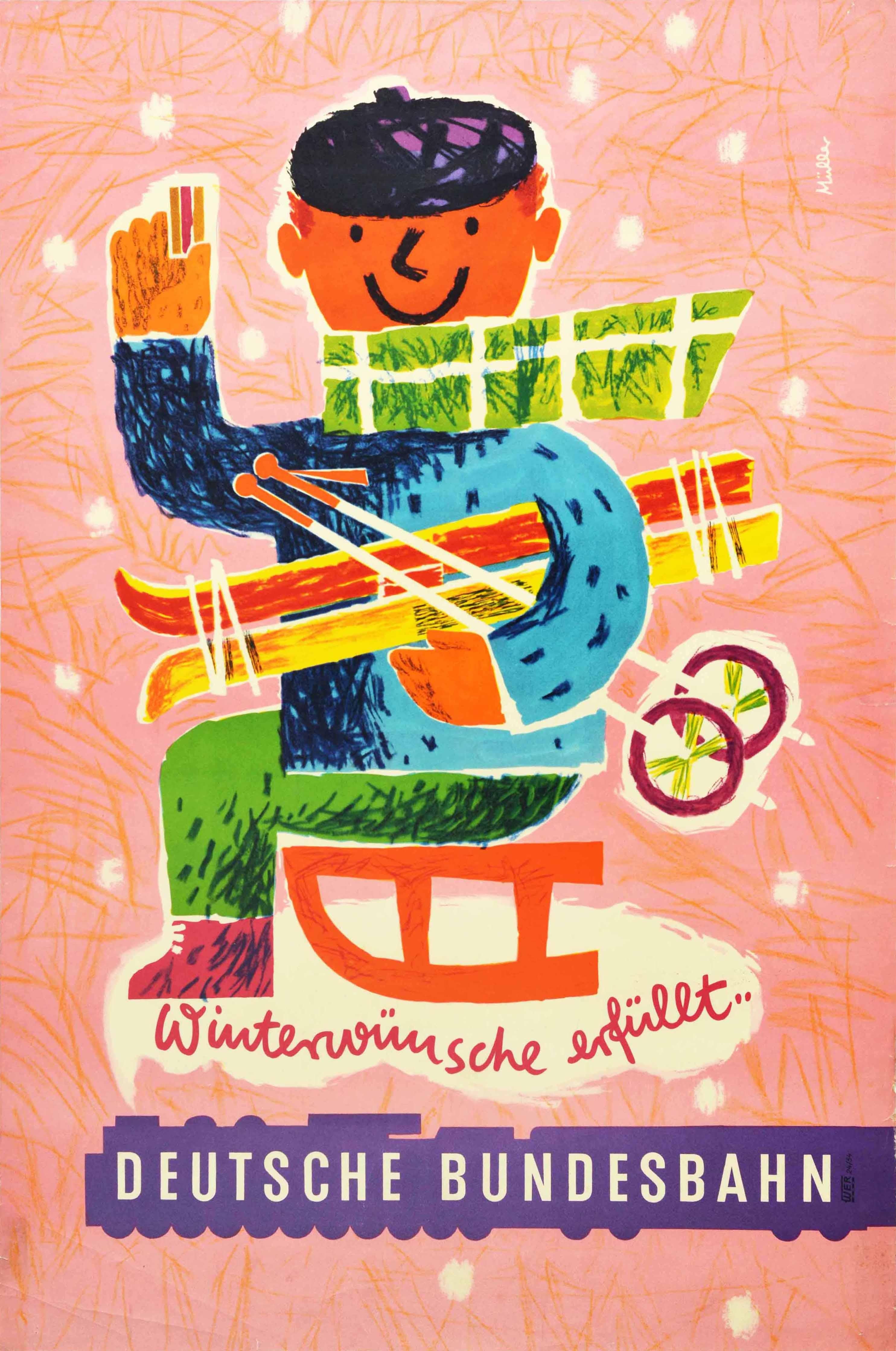 Original-Winterreiseplakat der Deutschen Bundesbahn mit einer farbenfrohen und lustigen Illustration eines lächelnden Mannes in blauem Pullover, grüner Hose, Schal und lila Mütze, der Skier und Stöcke unter einem Arm hält und dem Betrachter mit der