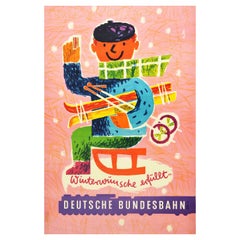 Original Vintage-Poster, Deutsche Eisenbahn DB Deutsche Bundesbahn, Winterwünsche, Ski
