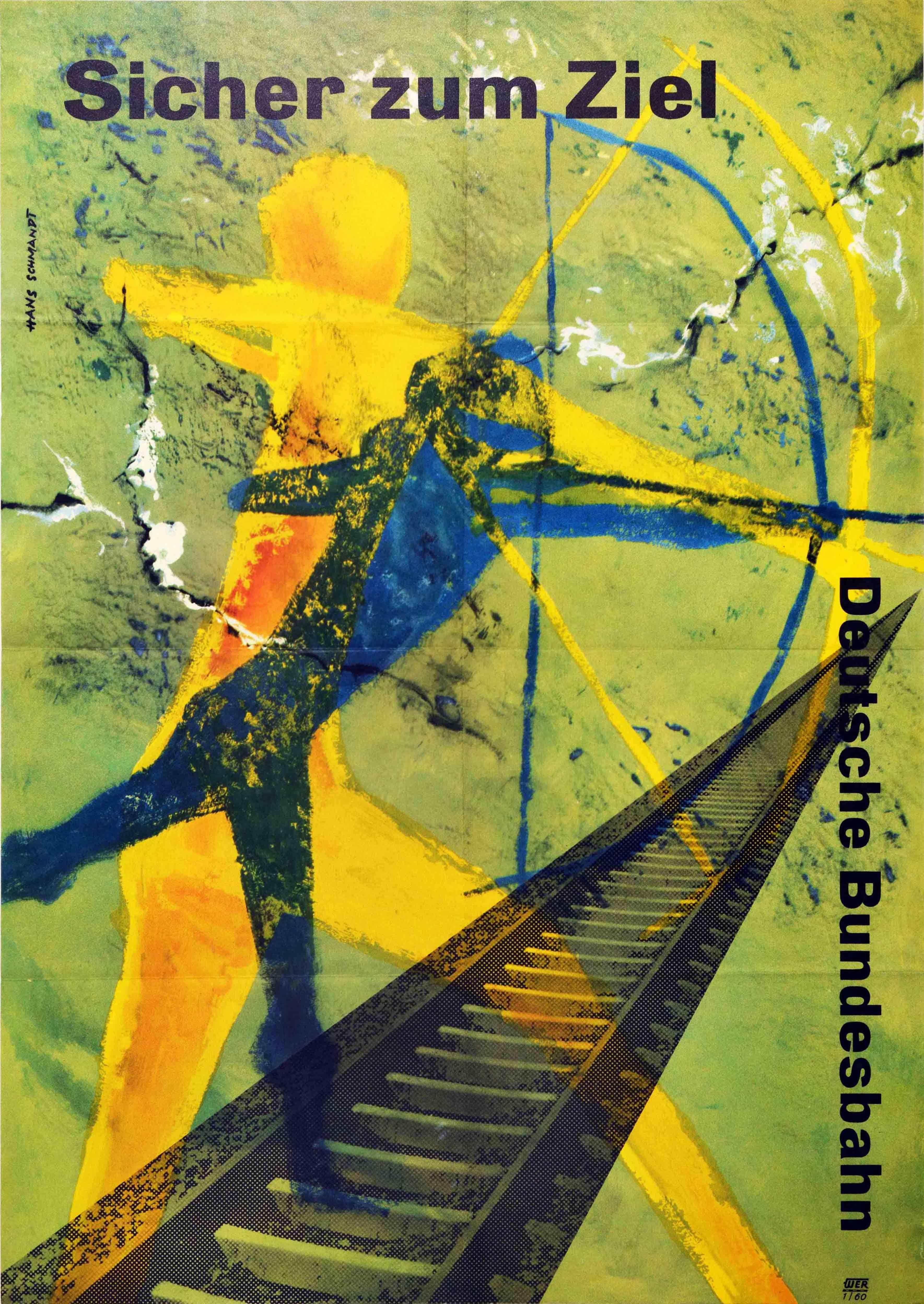 Original vintage travel poster issued by DB Deutsche Bundesbahn featuring a colourful illustration stylised as a cave painting depicting two yellow and blue people as silhouettes shooting arrows with a railway train track in the foreground. Text in
