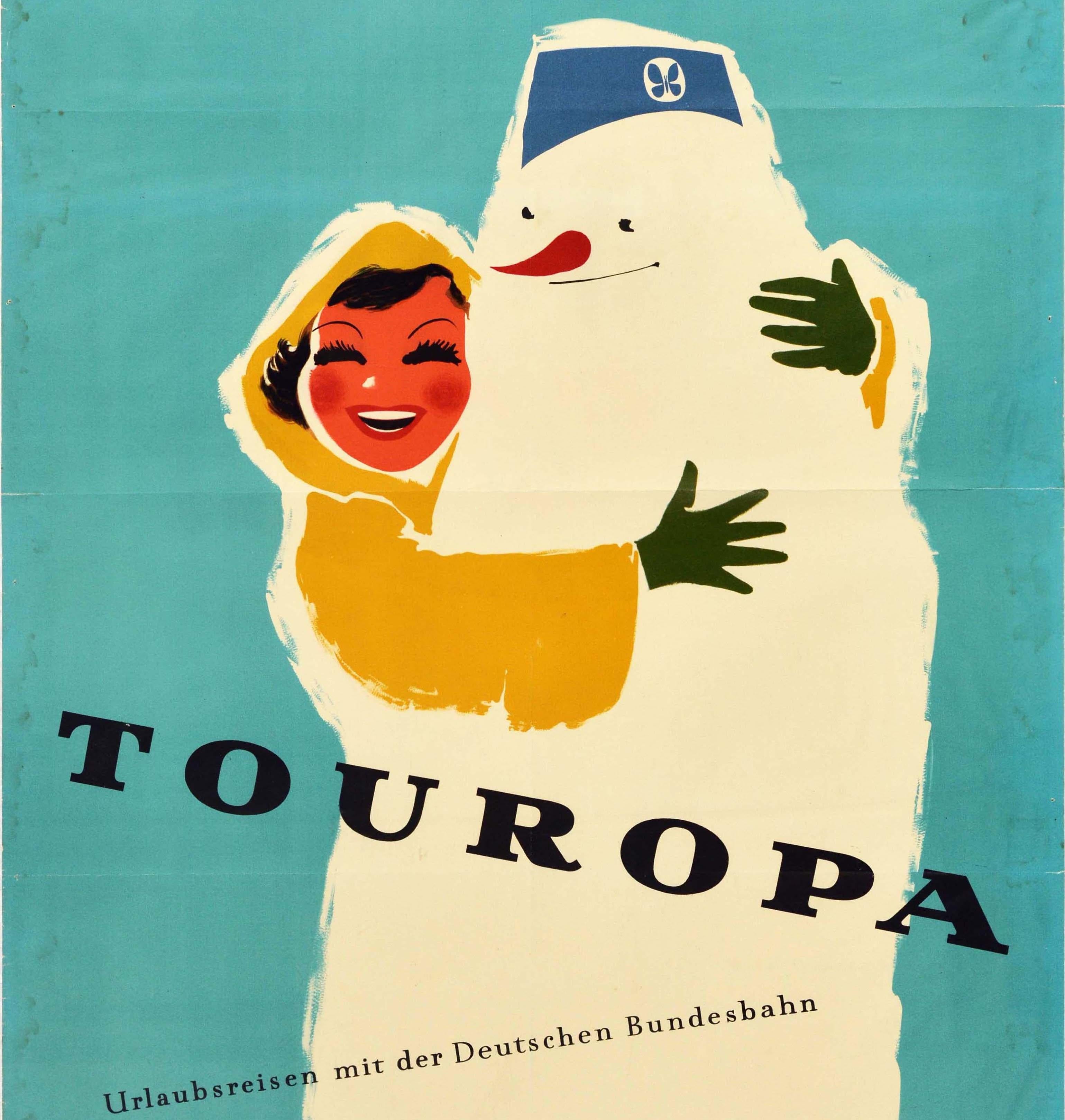 Original Vintage German Railway Poster Touropa Winter Holidays Travel Snowman In Fair Condition In London, GB