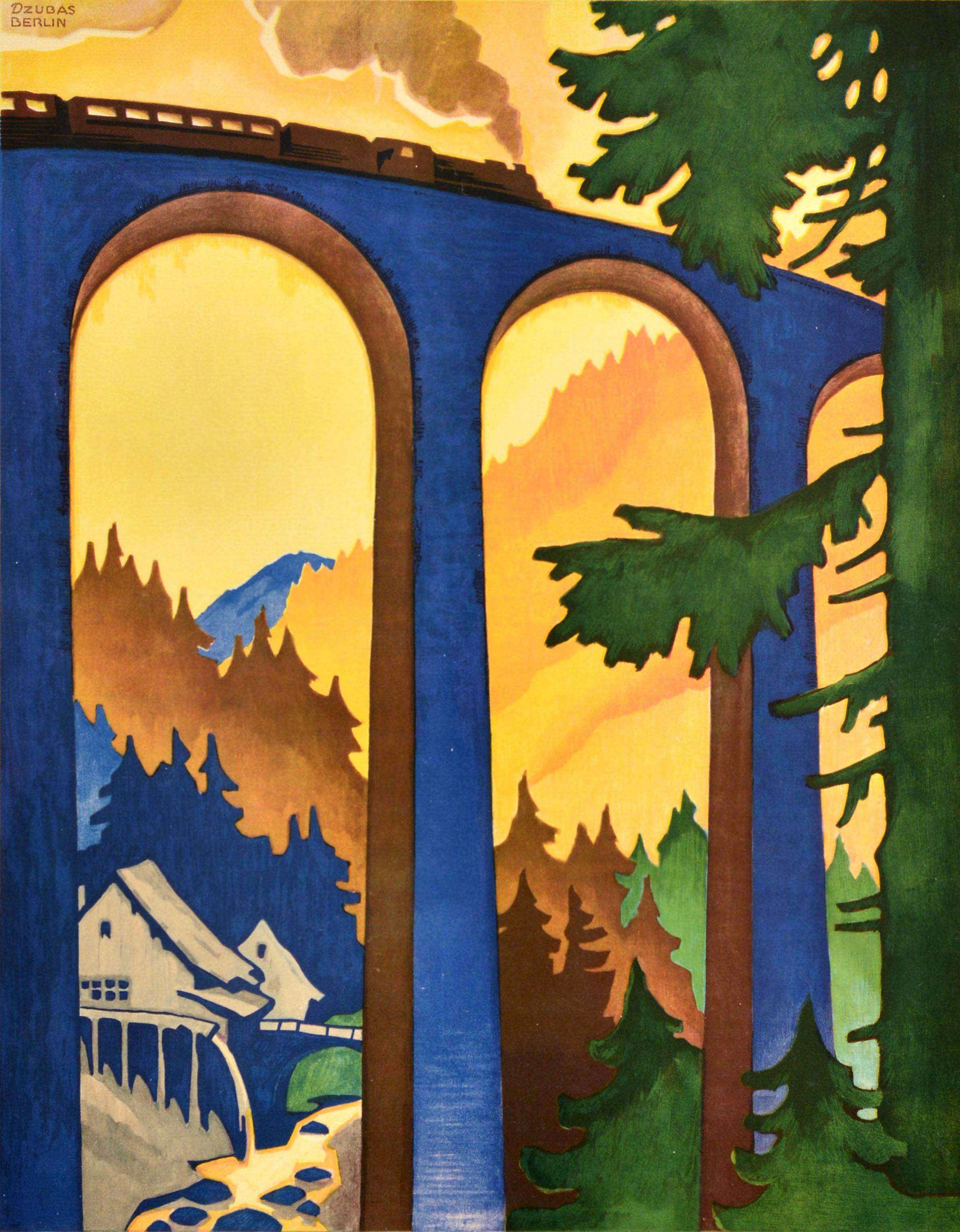 Original vintage German Railways travel poster featuring a stunning Art Deco design by the German artist Wilhelm 'Willy' Dzubas (b. 1887) depicting a steam train running along a high arched railway bridge above the trees and river in the valley