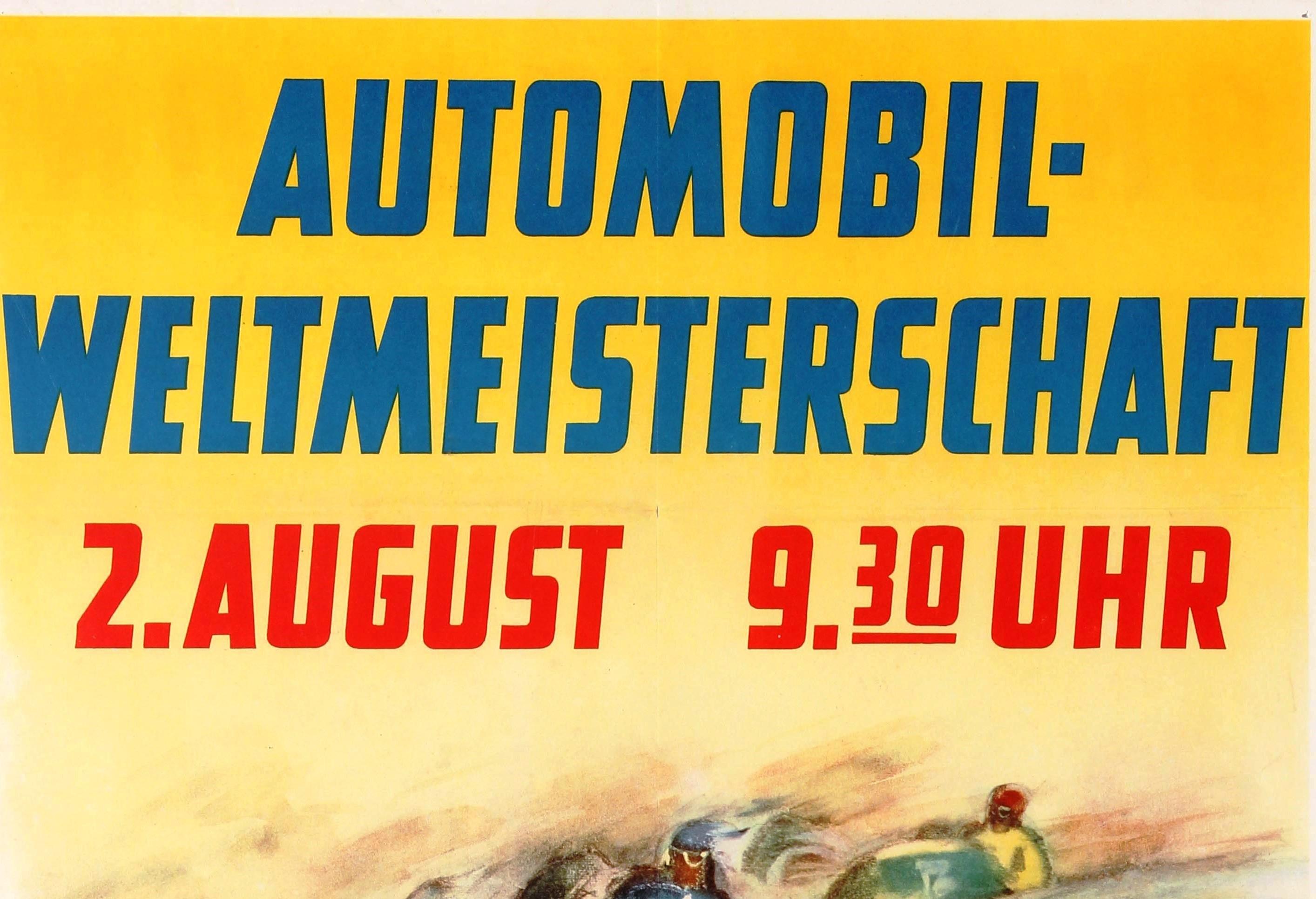 Original vintage F1 motor sport poster advertising the Automobil-Weltmeisterschaft XVI. Grosser Preis Von Deutschland Nürburgring / Automobile World Cup XVI Grand Prix of Germany held at the Nurburgring race track on 2 August 1953. Dynamic design