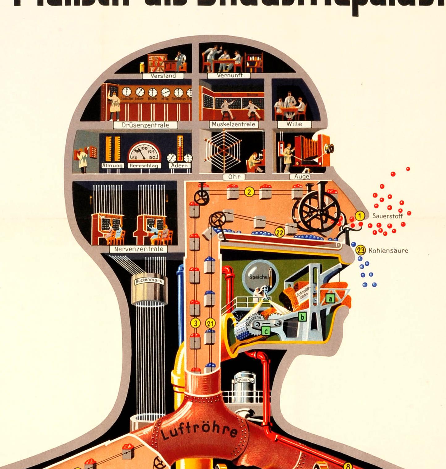 Original vintage poster for the graphic analogy - Der Mensch Als Industriepalast / Man As Industrial Palace - by the German physician, scientist and illustrator Fritz Kahn (1888-1968). Fantastic industrial design featuring a human torso with the