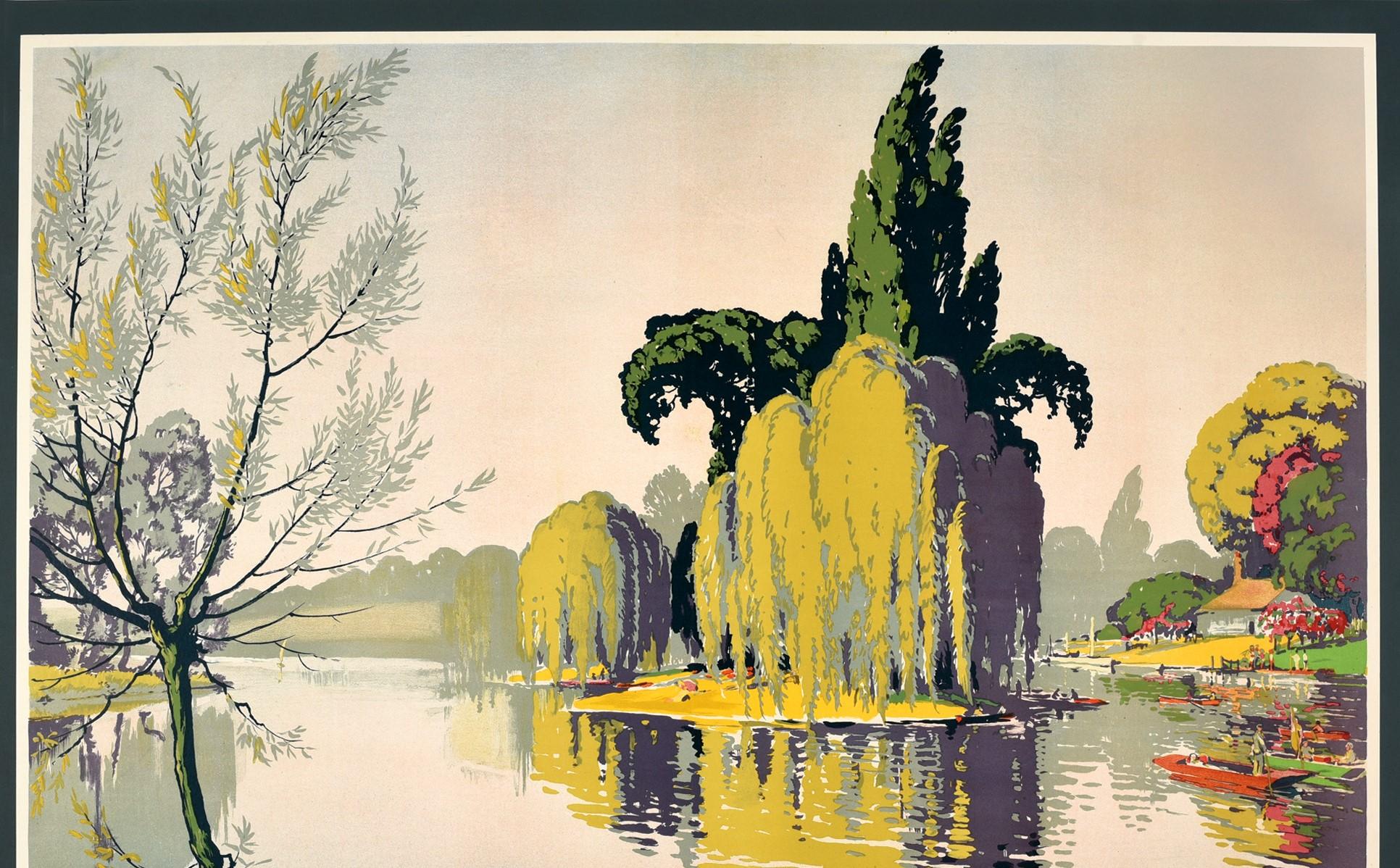 Original vintage GWR Great Western Railway SR Southern Railway poster for the Thames Valley featuring a scenic illustration by Walter E Spradbery (1889-1969) of a tree lined River Thames with people in rowing boats and punting on the calm water and