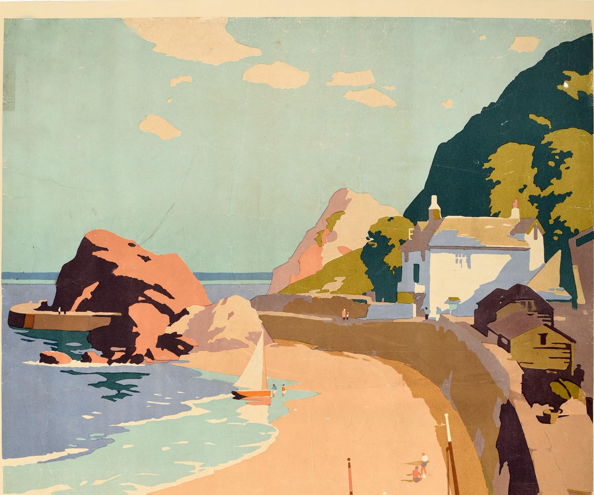 Original vintage railway travel poster for Devon issued by Great Western Railway GWR featuring a great illustration by the notable British poster artist Frank Sherwin (1896-1996) of a beach in Devon with fishing boats in the foreground and a sailing