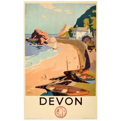 Original Vintage Great Western Railway Poster Devon Ft Seaside Beach Boats GWR
