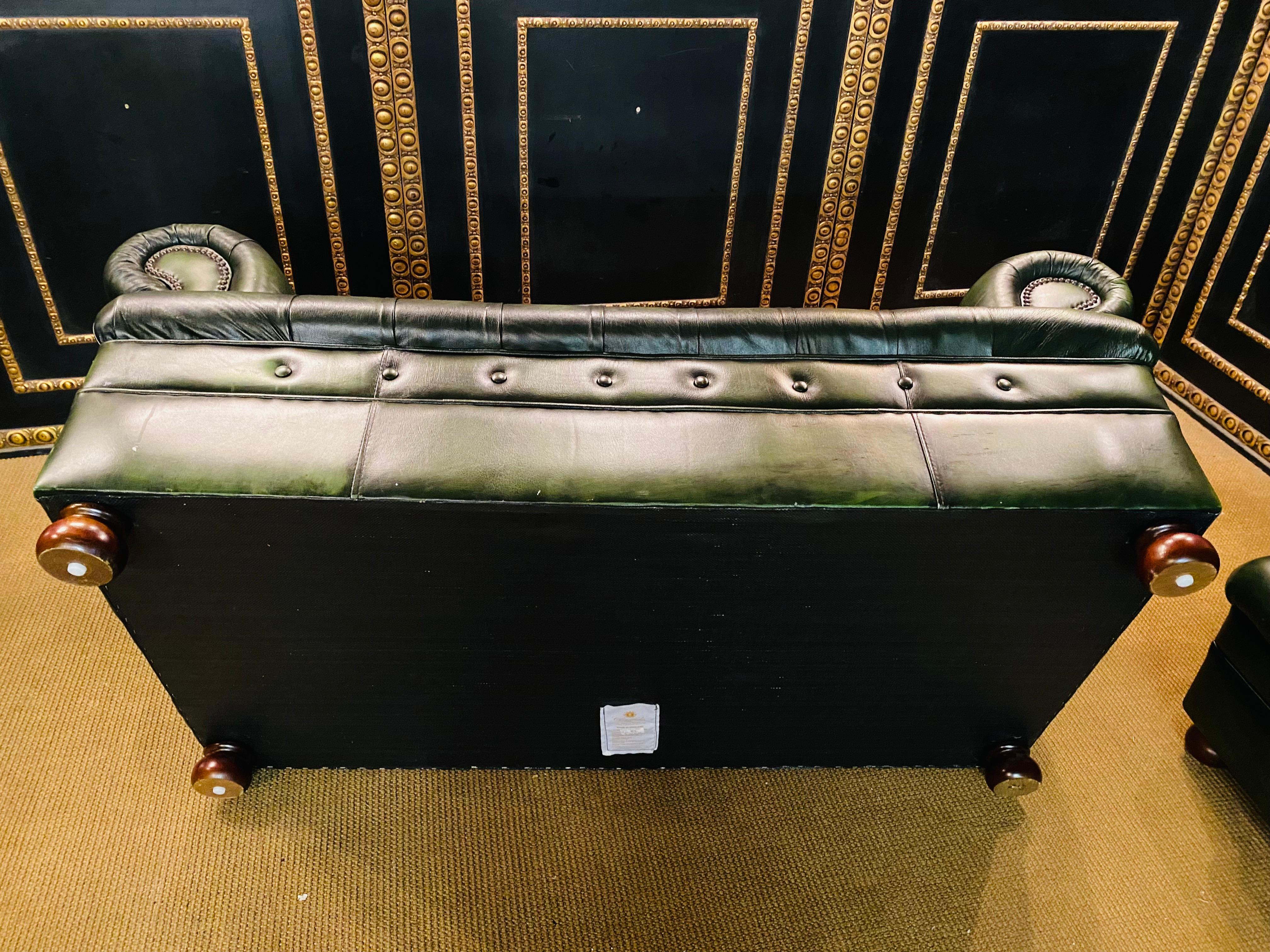 Original Vintage Green Leather Chesterfield Set / Club Suite Armchair and Sofa 2