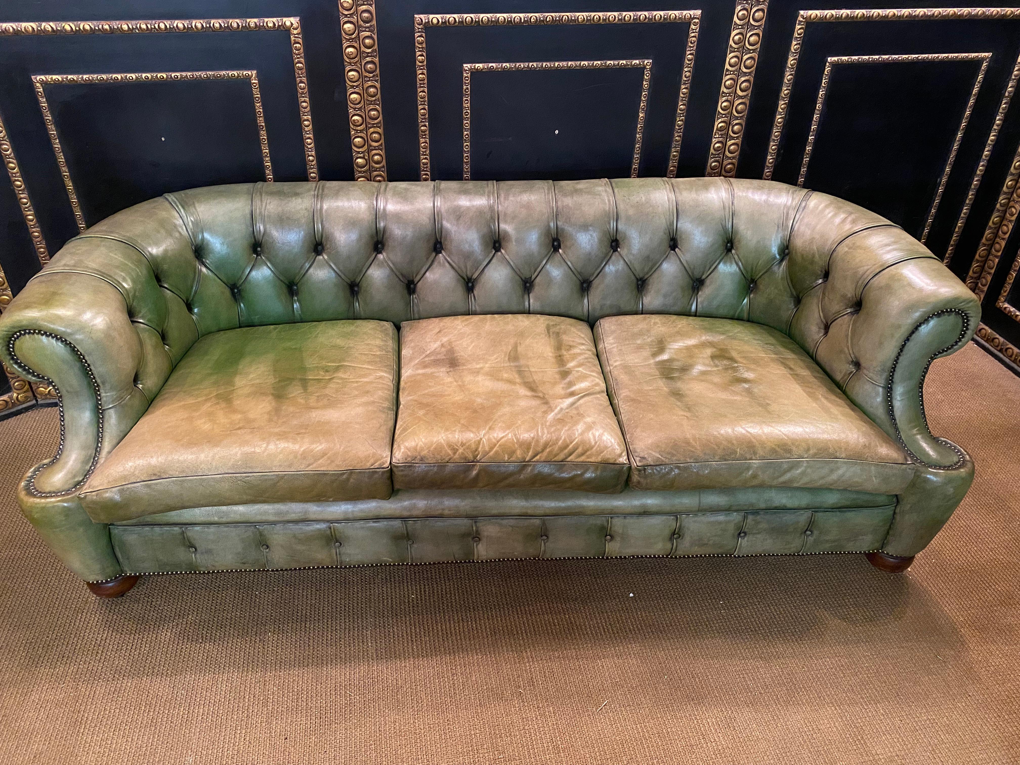 Original Vintage Green Leather Chesterfield Set / Club Suite Armchair and Sofa 2