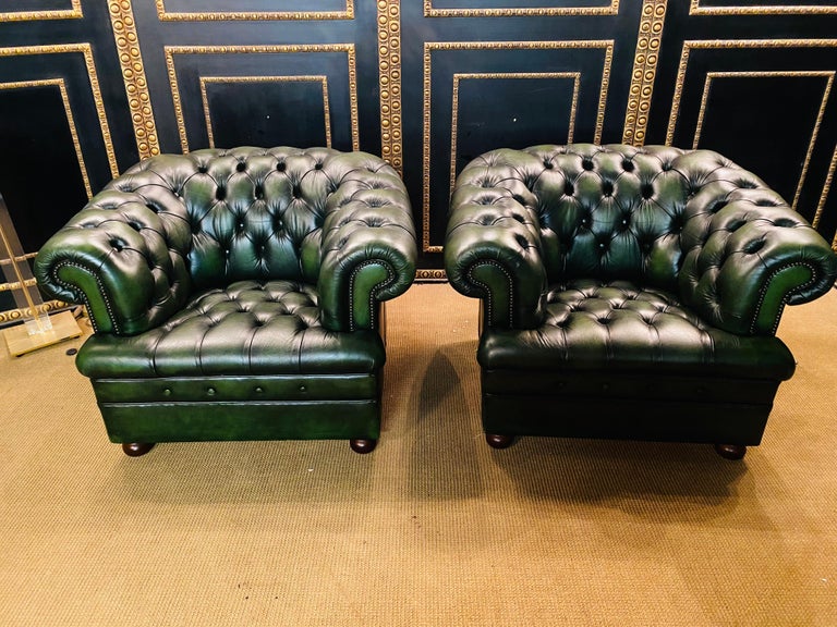 Original Vintage Green Leather Chesterfield Set / Club Suite Armchair ...