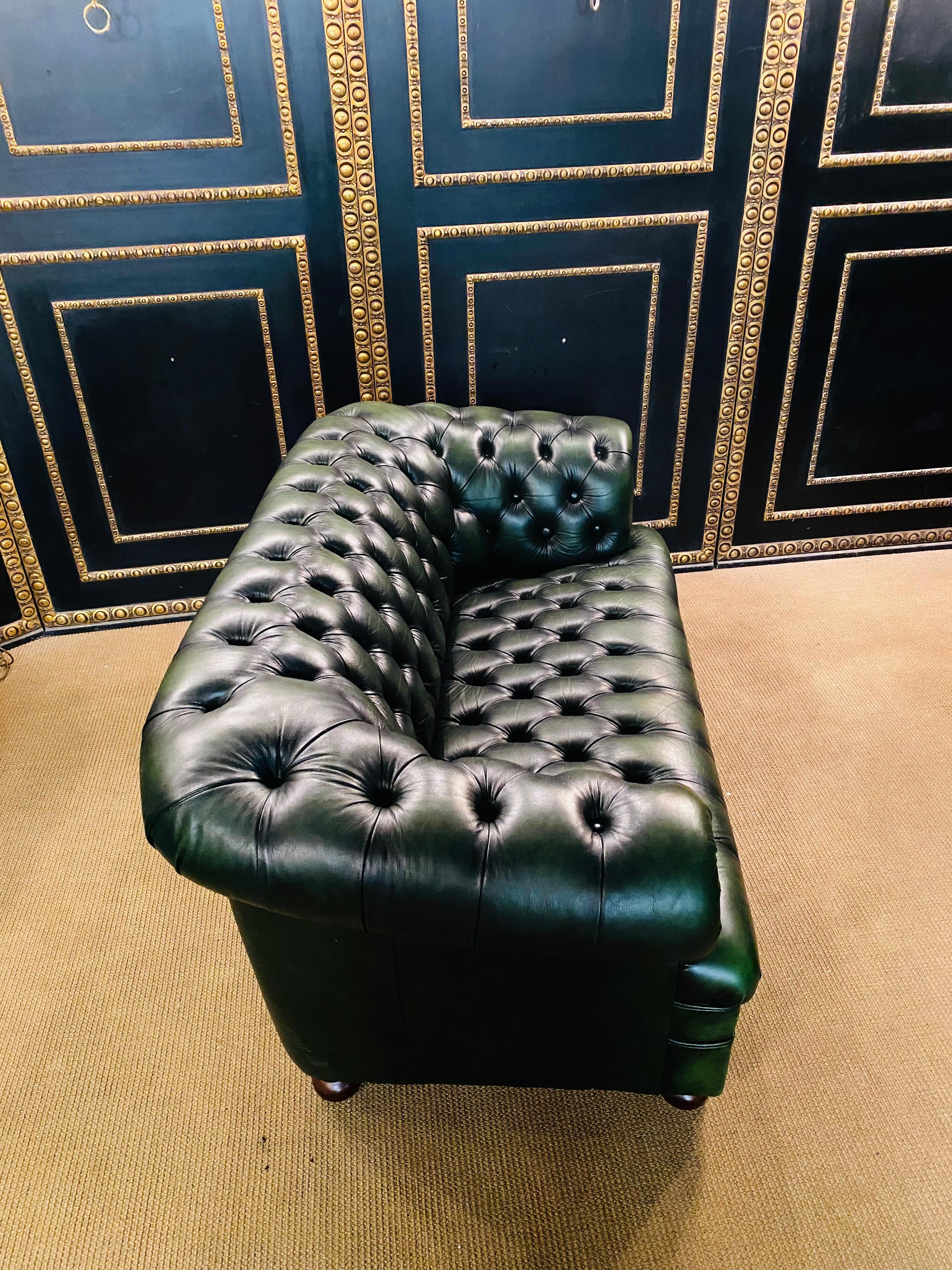 Original Vintage Green Leather Chesterfield Set / Club Suite Armchair and Sofa 4