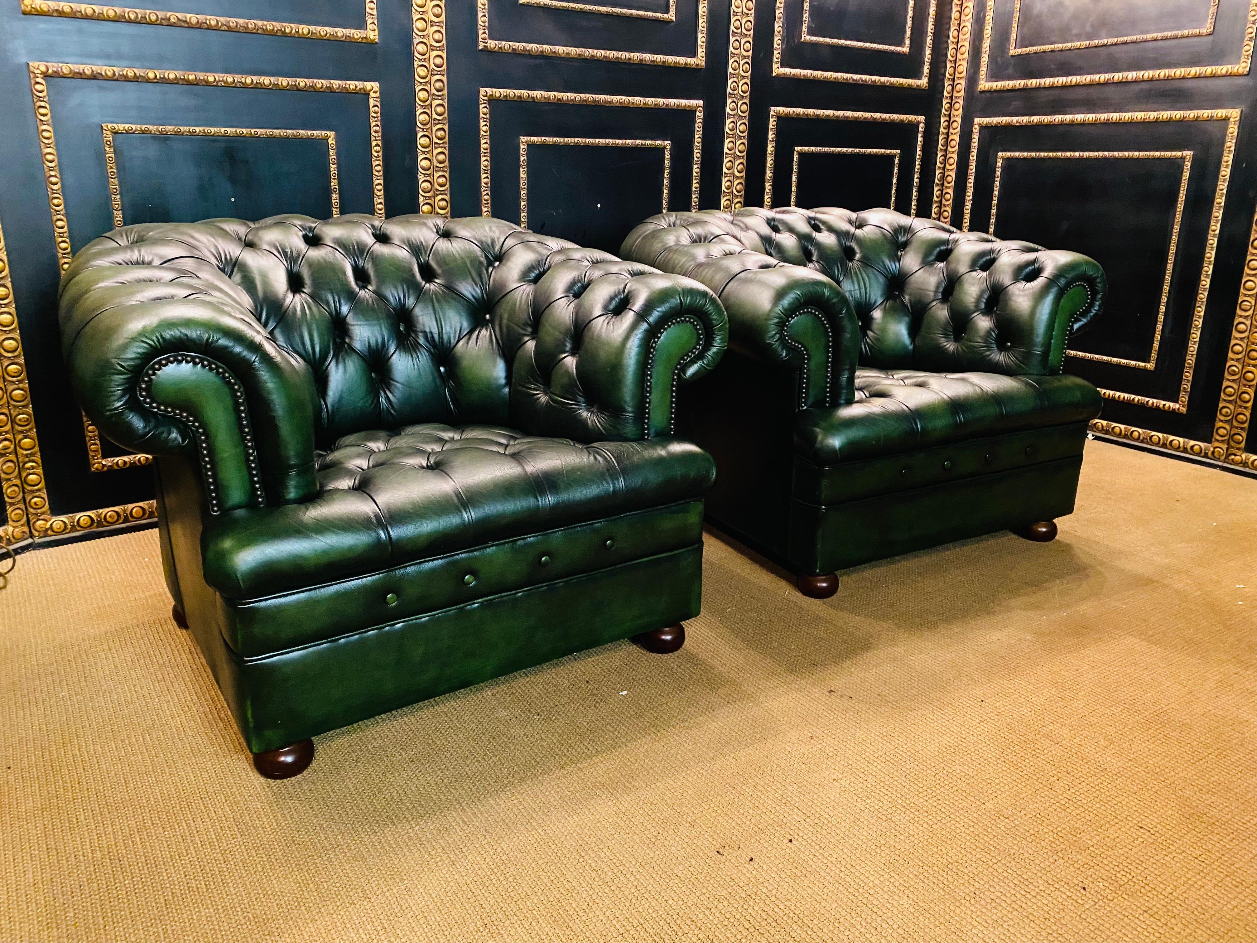 Original Vintage Green Leather Chesterfield Set / Club Suite Armchair and Sofa 5