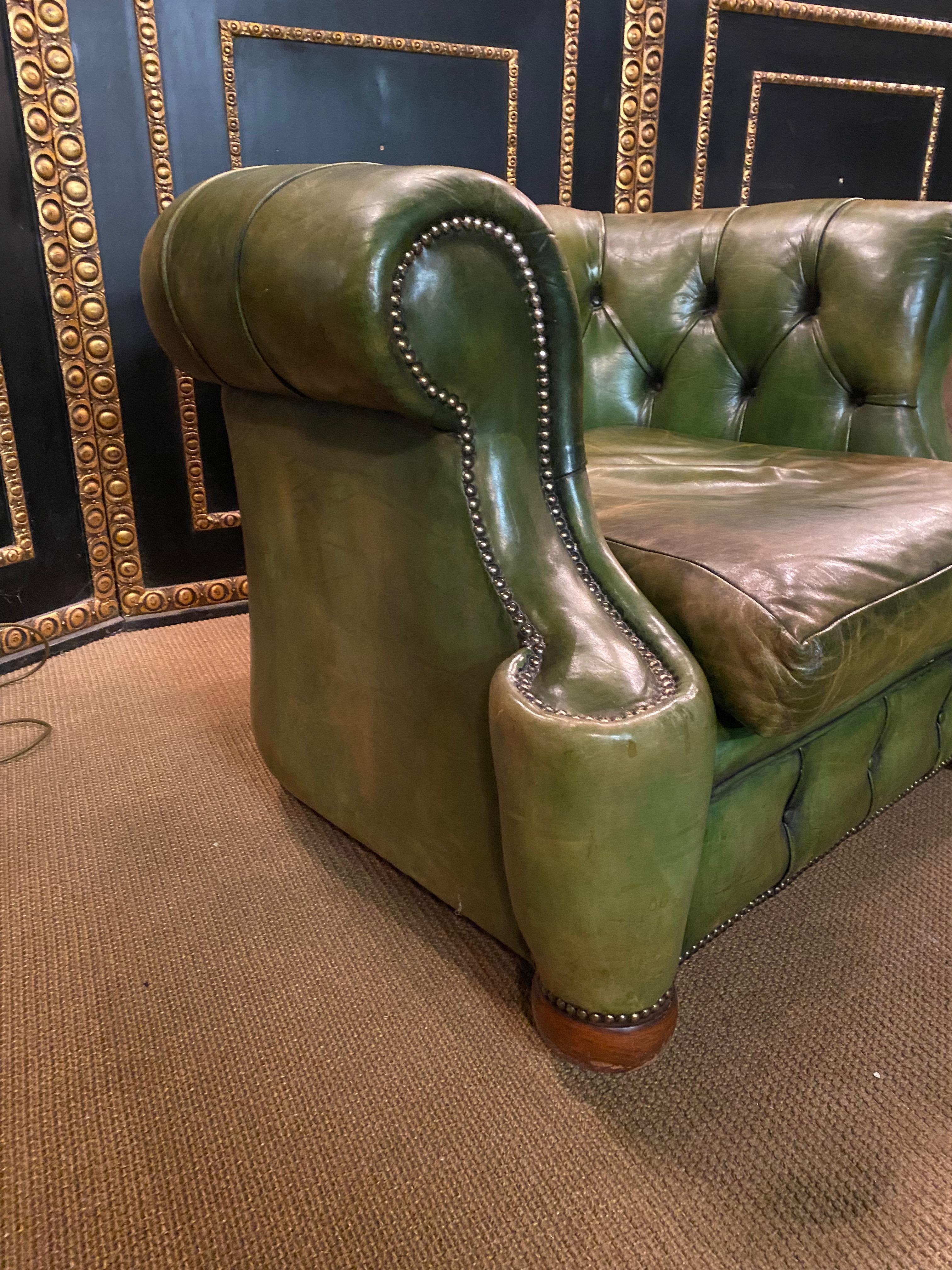 Original Vintage Green Leather Chesterfield Set / Club Suite Armchair and Sofa 5