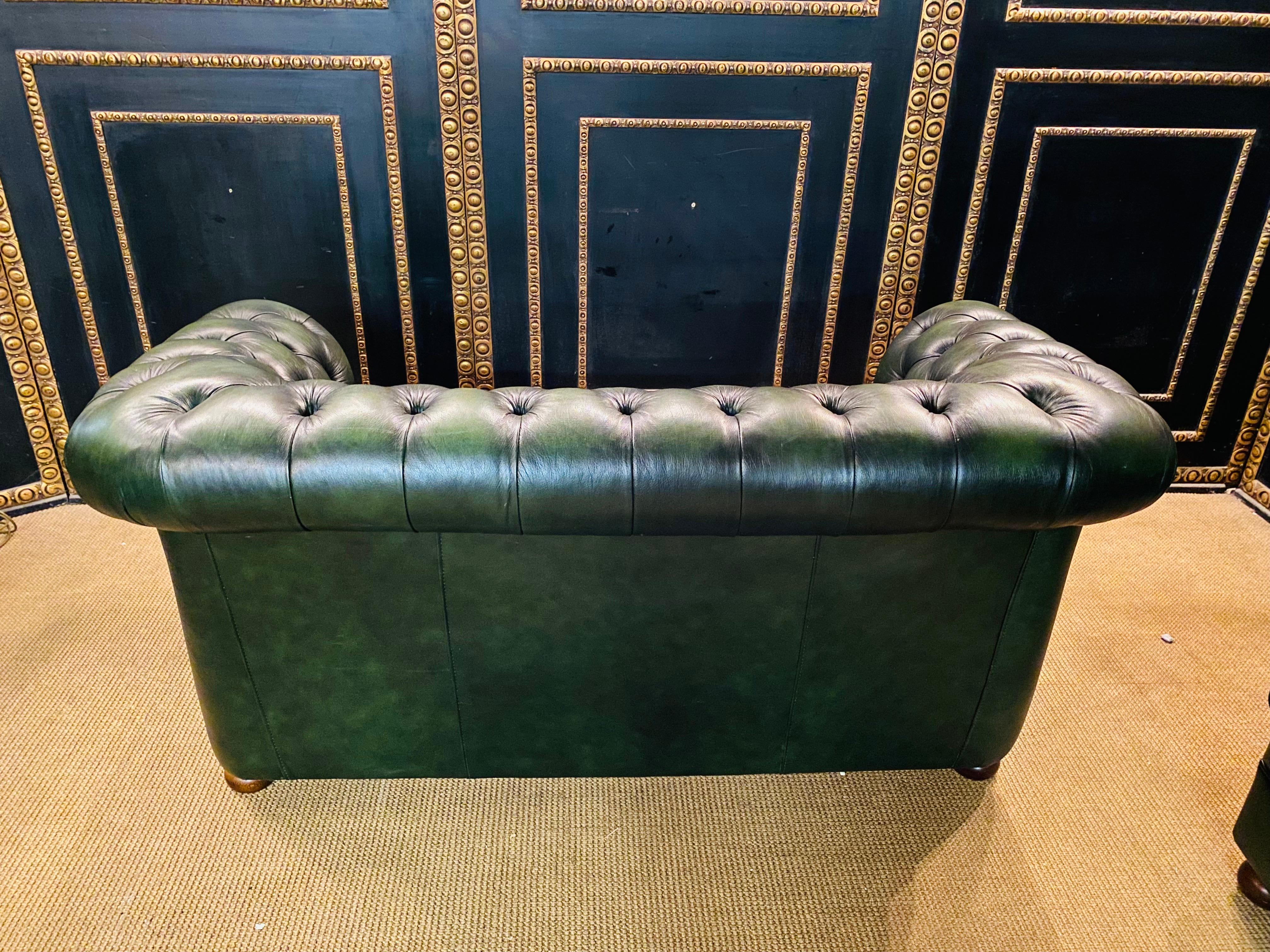 Original Vintage Green Leather Chesterfield Set / Club Suite Armchair and Sofa 6