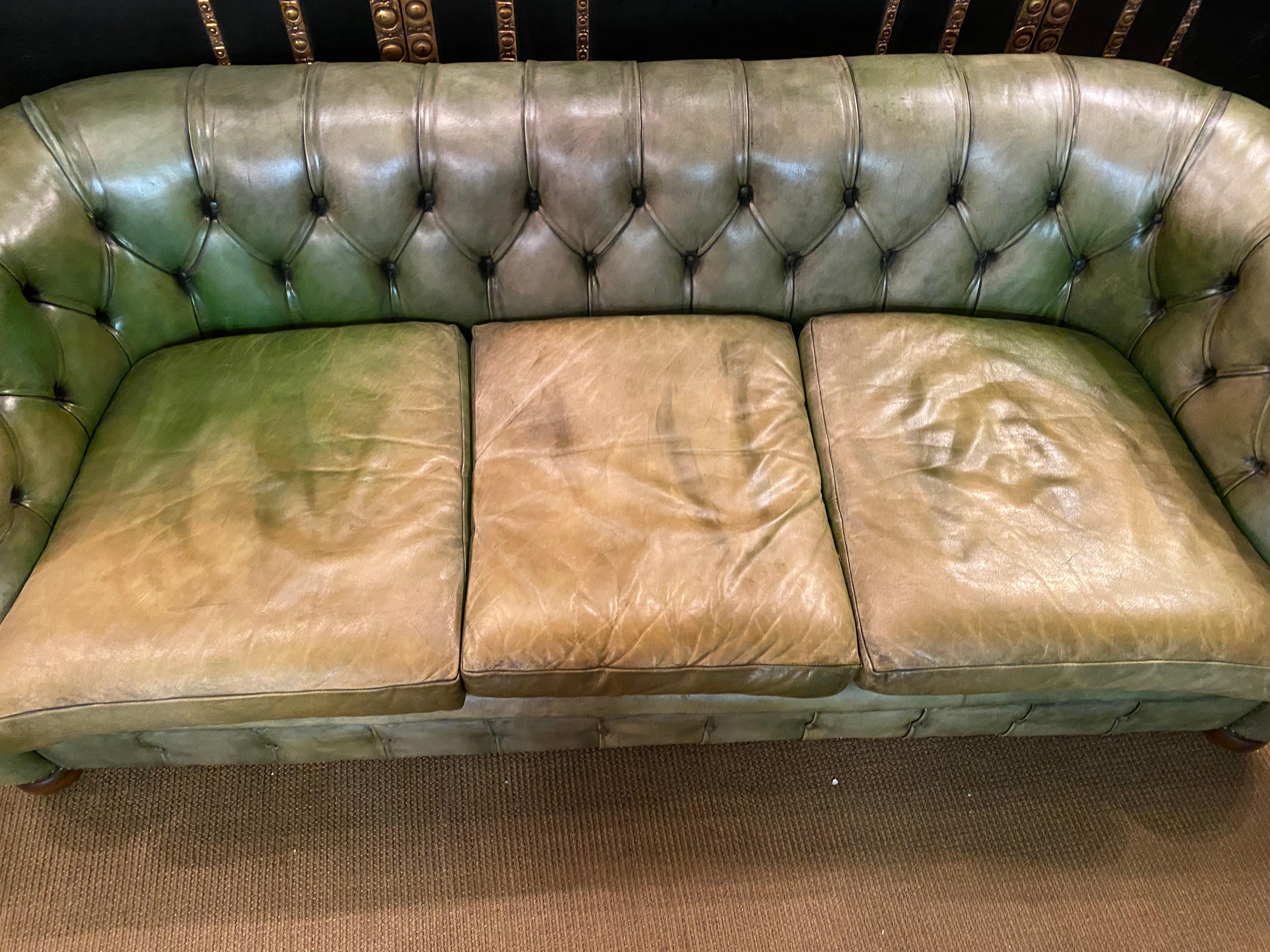 Original Vintage Green Leather Chesterfield Set / Club Suite Armchair and Sofa 6