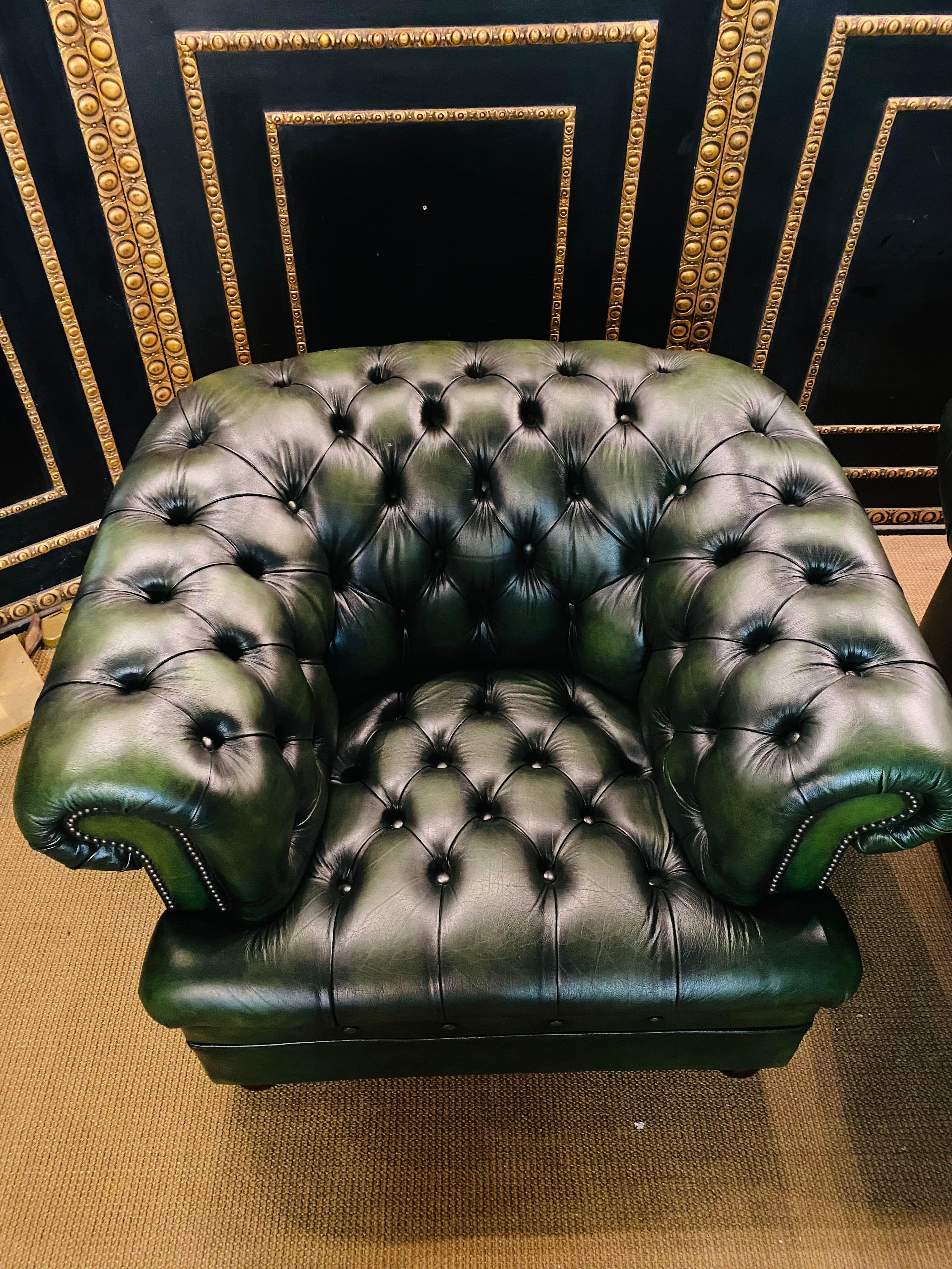 Original Vintage Green Leather Chesterfield Set / Club Suite Armchair and Sofa 7