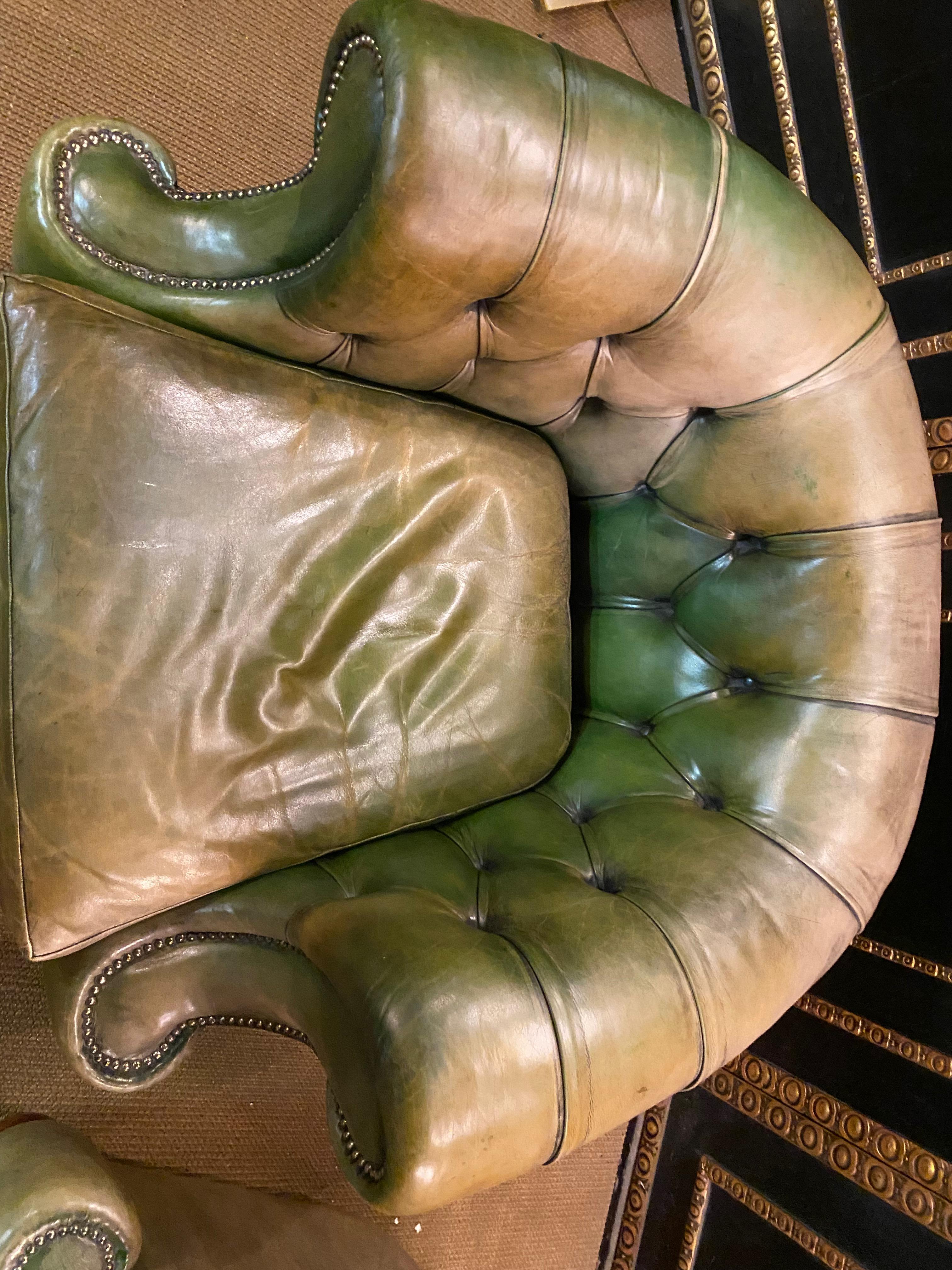 Original Vintage Green Leather Chesterfield Set / Club Suite Armchair and Sofa 7