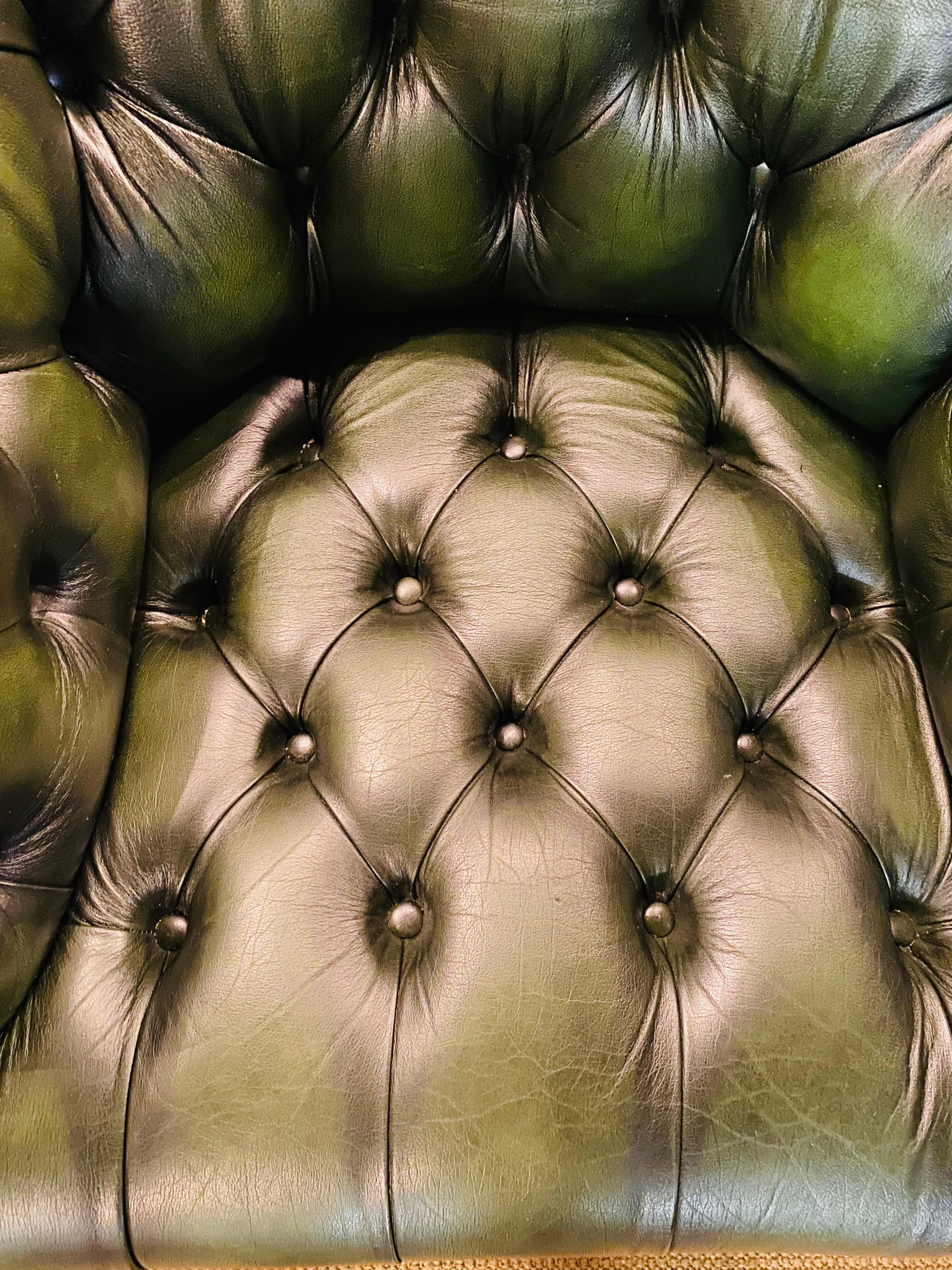 Original Vintage Green Leather Chesterfield Set / Club Suite Armchair and Sofa 8