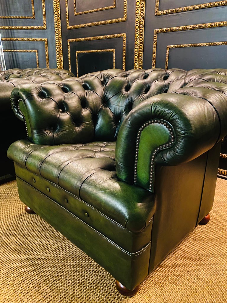 Original Vintage Green Leather Chesterfield Set / Club Suite Armchair