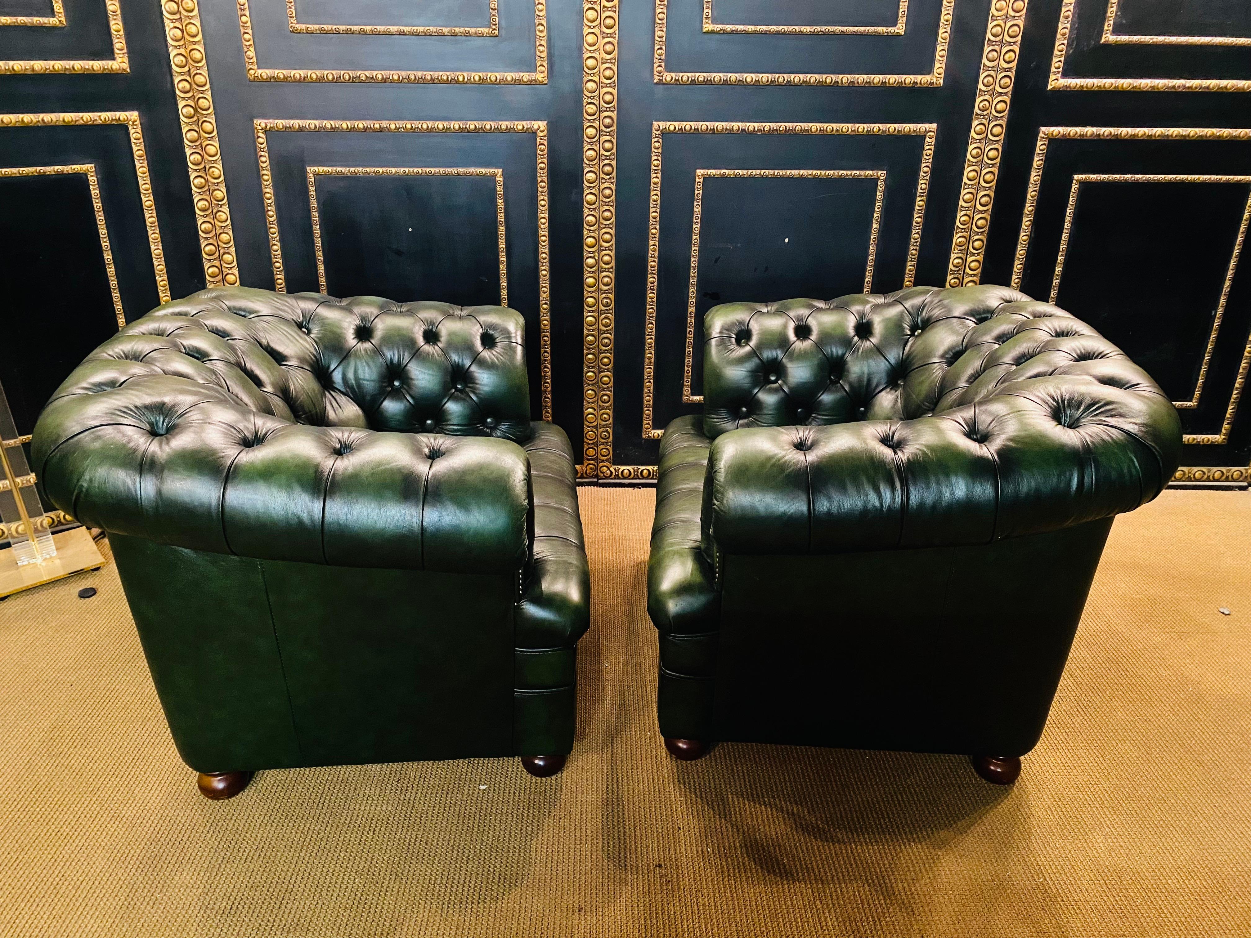 Original Vintage Green Leather Chesterfield Set / Club Suite Armchair and Sofa 10