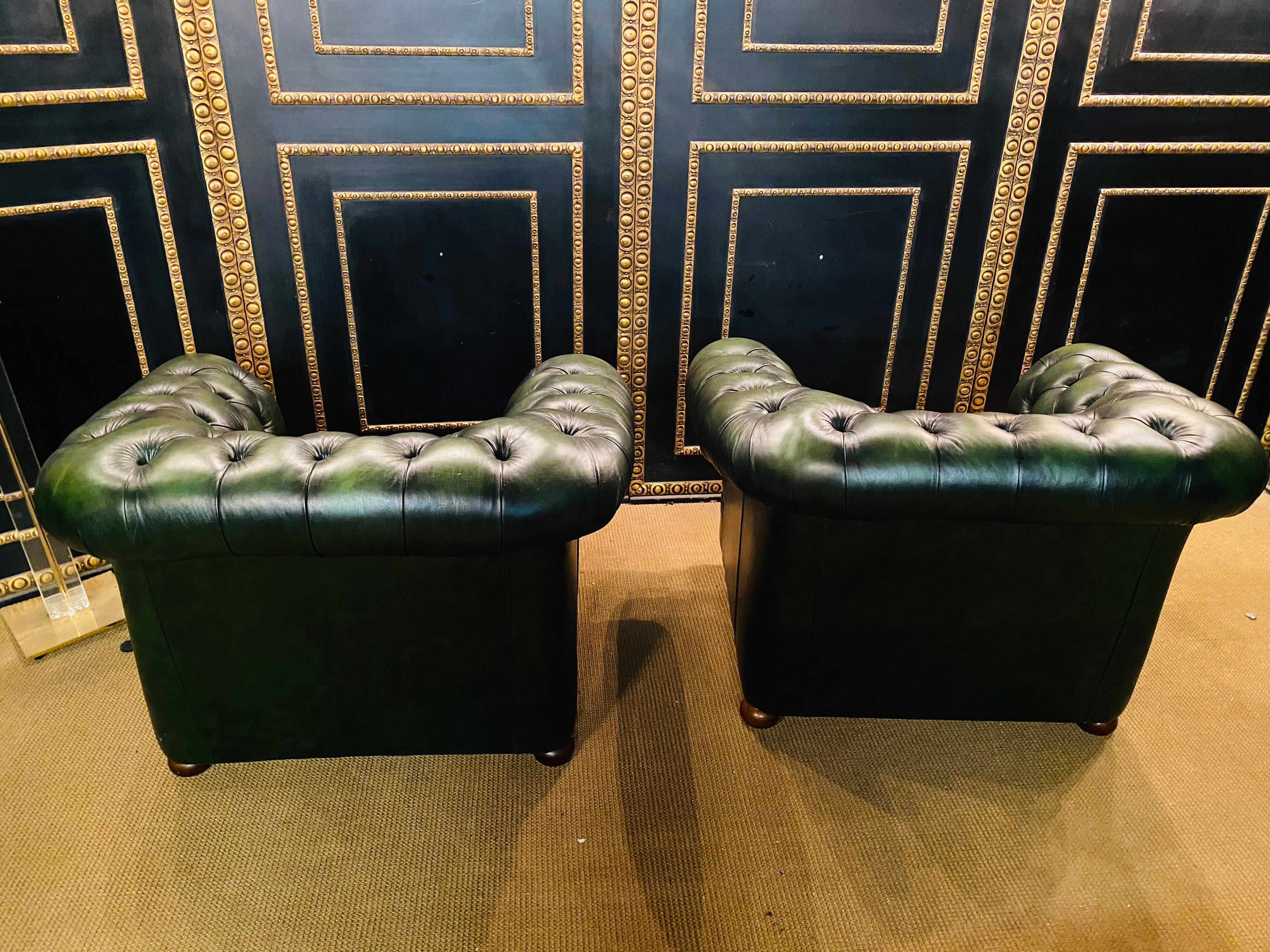 Original Vintage Green Leather Chesterfield Set / Club Suite Armchair and Sofa 11