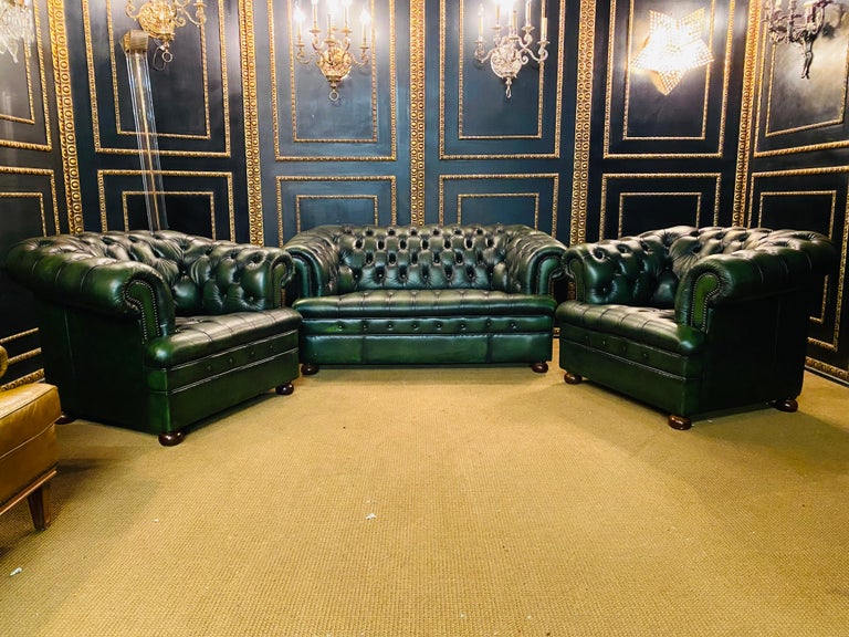 Original Vintage Green Leather Chesterfield Set / Club Suite Armchair