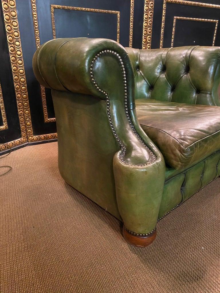 English Original Vintage Green Leather Chesterfield Club Suite Armchair 