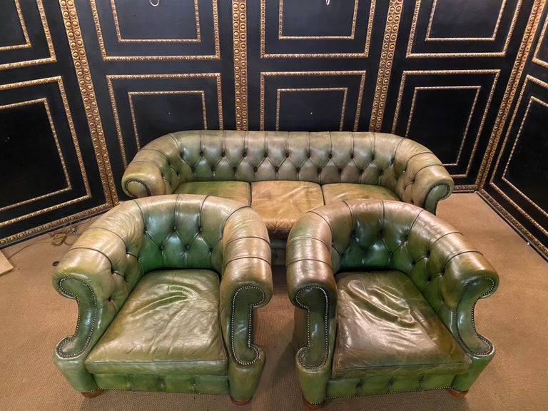 Original Vintage Green Leather Chesterfield Set / Club Suite Armchair ...