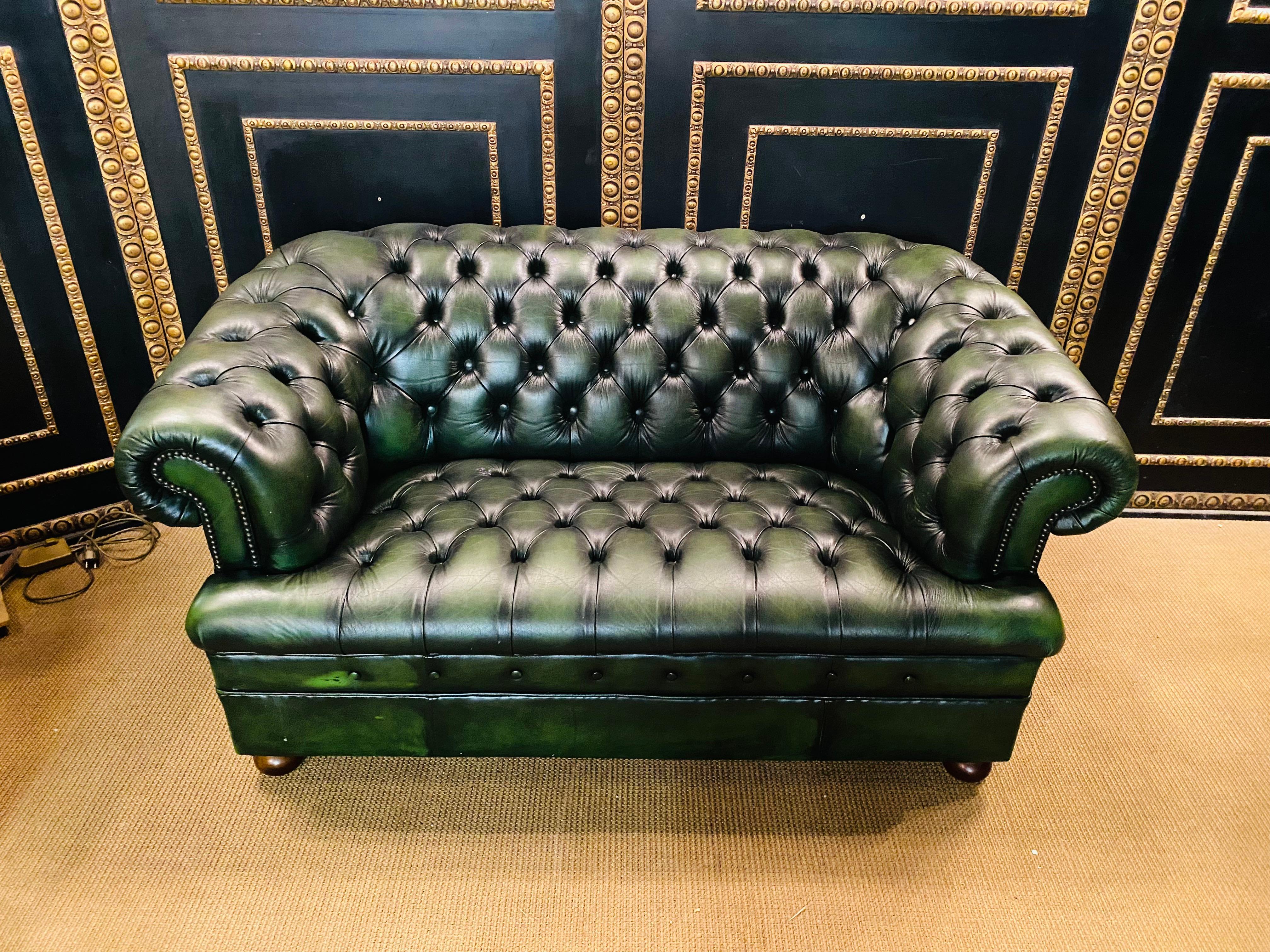 English Original Vintage Green Leather Chesterfield Set / Club Suite Armchair and Sofa