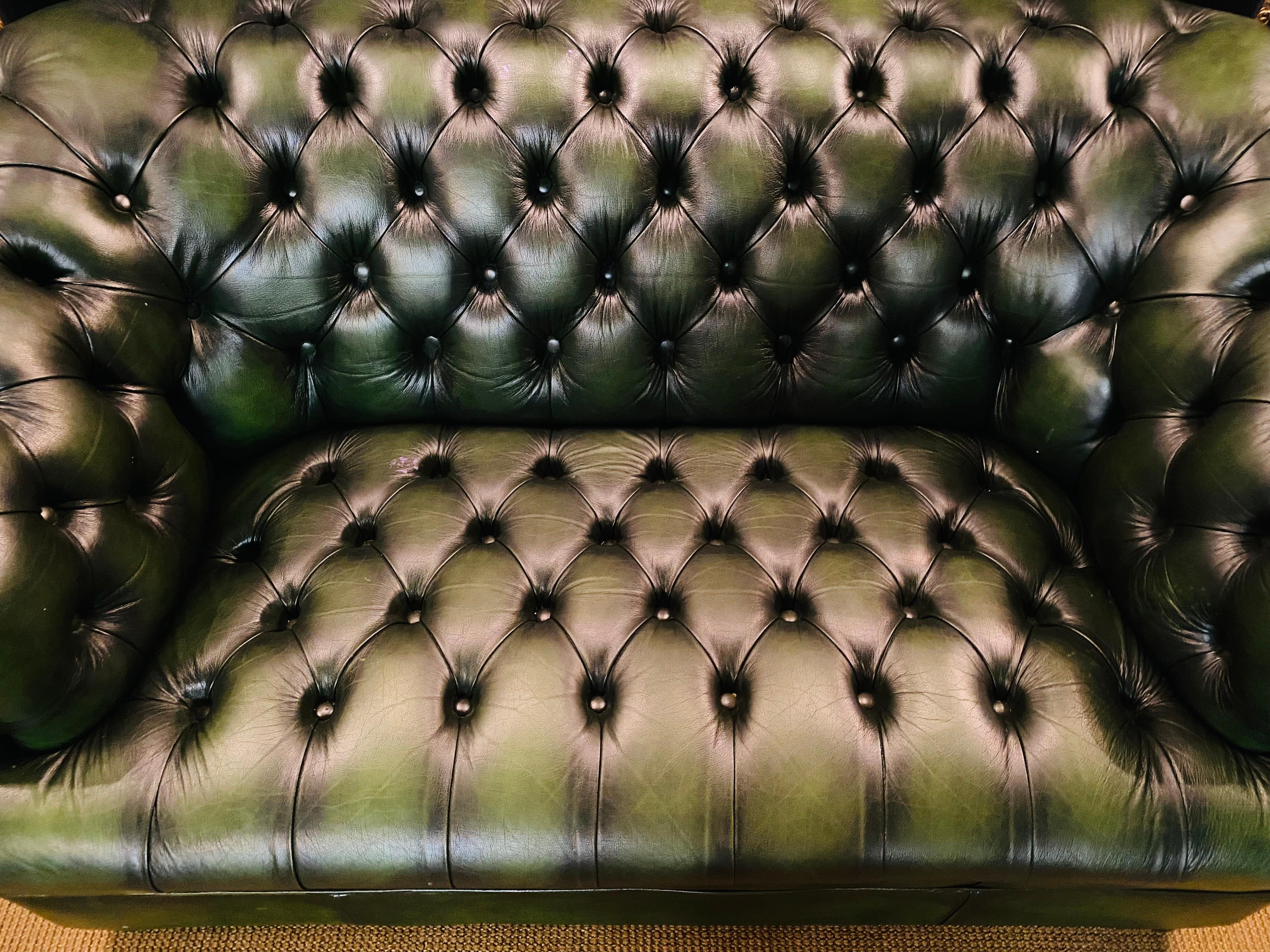 Original Vintage Green Leather Chesterfield Set / Club Suite Armchair and Sofa 1