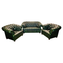 Original Vintage Green Leather Chesterfield Set / Club Suite Armchair and Sofa