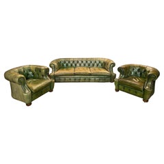 Original Vintage Green Leather Chesterfield Set / Club Suite Armchair and Sofa