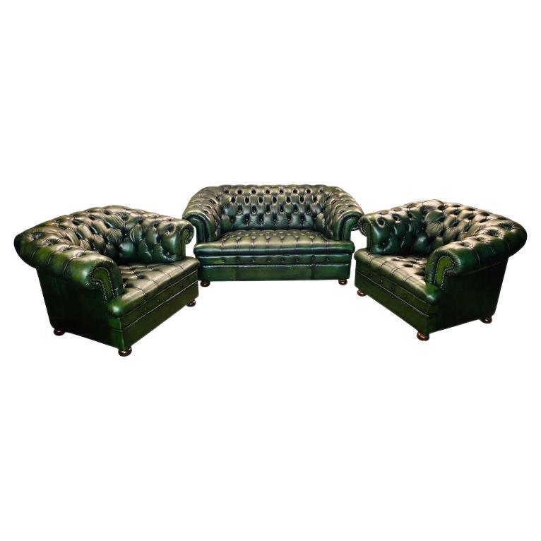 Original Vintage Green Leather Chesterfield Set / Club Suite Armchair