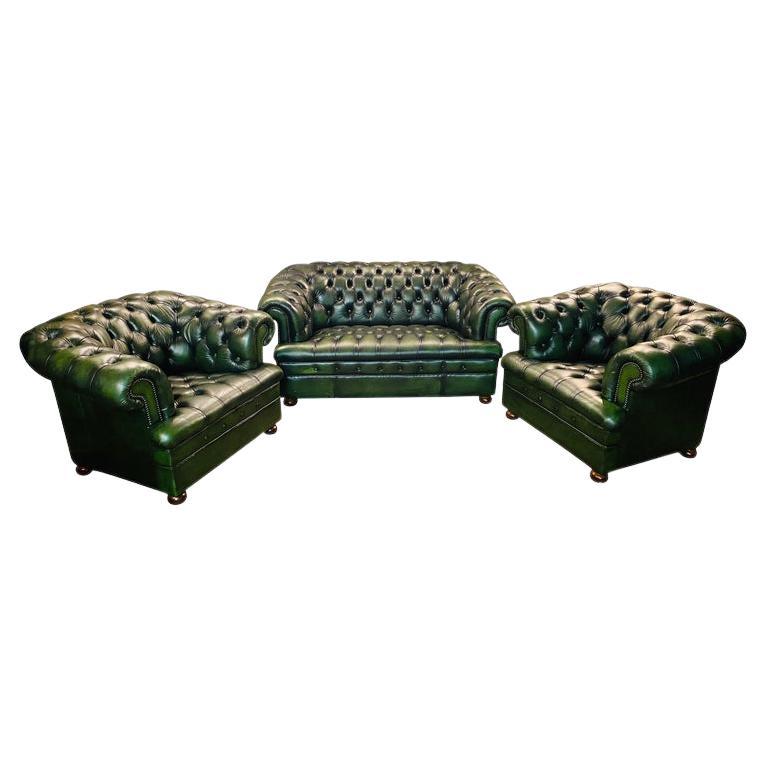 Original Vintage Green Leather Chesterfield Set / Club Suite Fleming & Howland