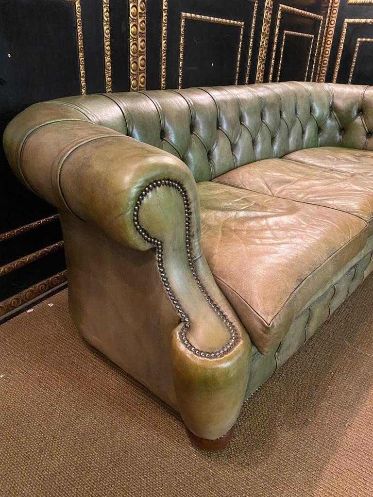 English Original Vintage Green Leather Chesterfield Three Seater Sofa Green Faded