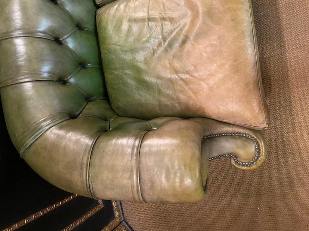 20th Century Original Vintage Green Leather Chesterfield Three Seater Sofa Green Faded